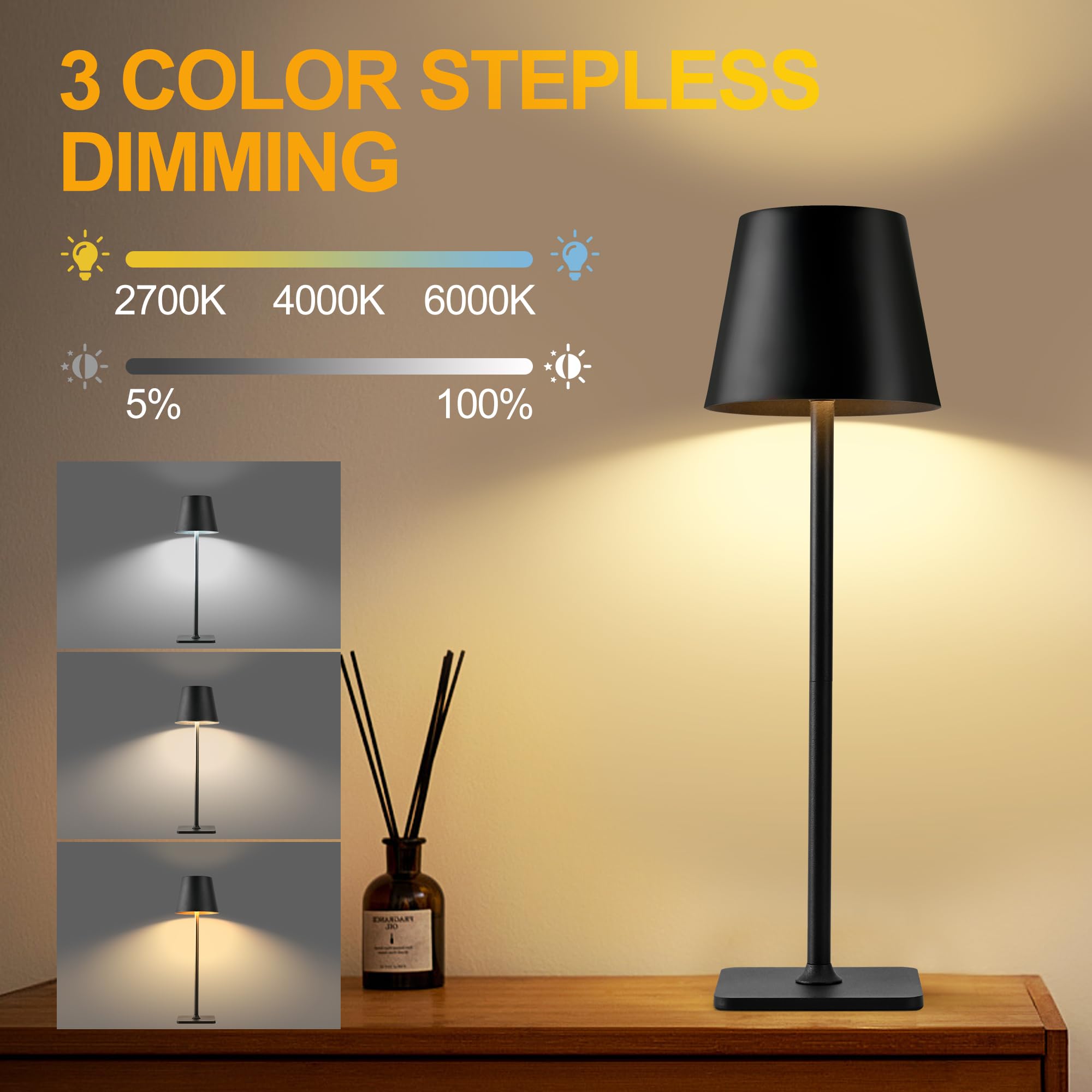 Hiseego Cordless Table Lamps Rechargeable, Adjustable Height, 5200Mah Battery Operated Lamp, 3 Color Stepless Dimming Up, Outdoo