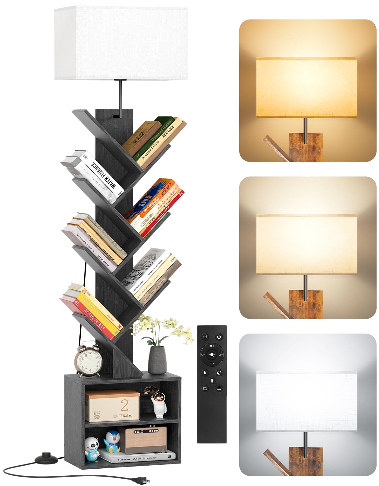 OUTONLIFE 9 Tier Tree Bookshelf with Light, Engineered Wood, 62.8in H x 14.6in L x 7.9in W, Black, Model