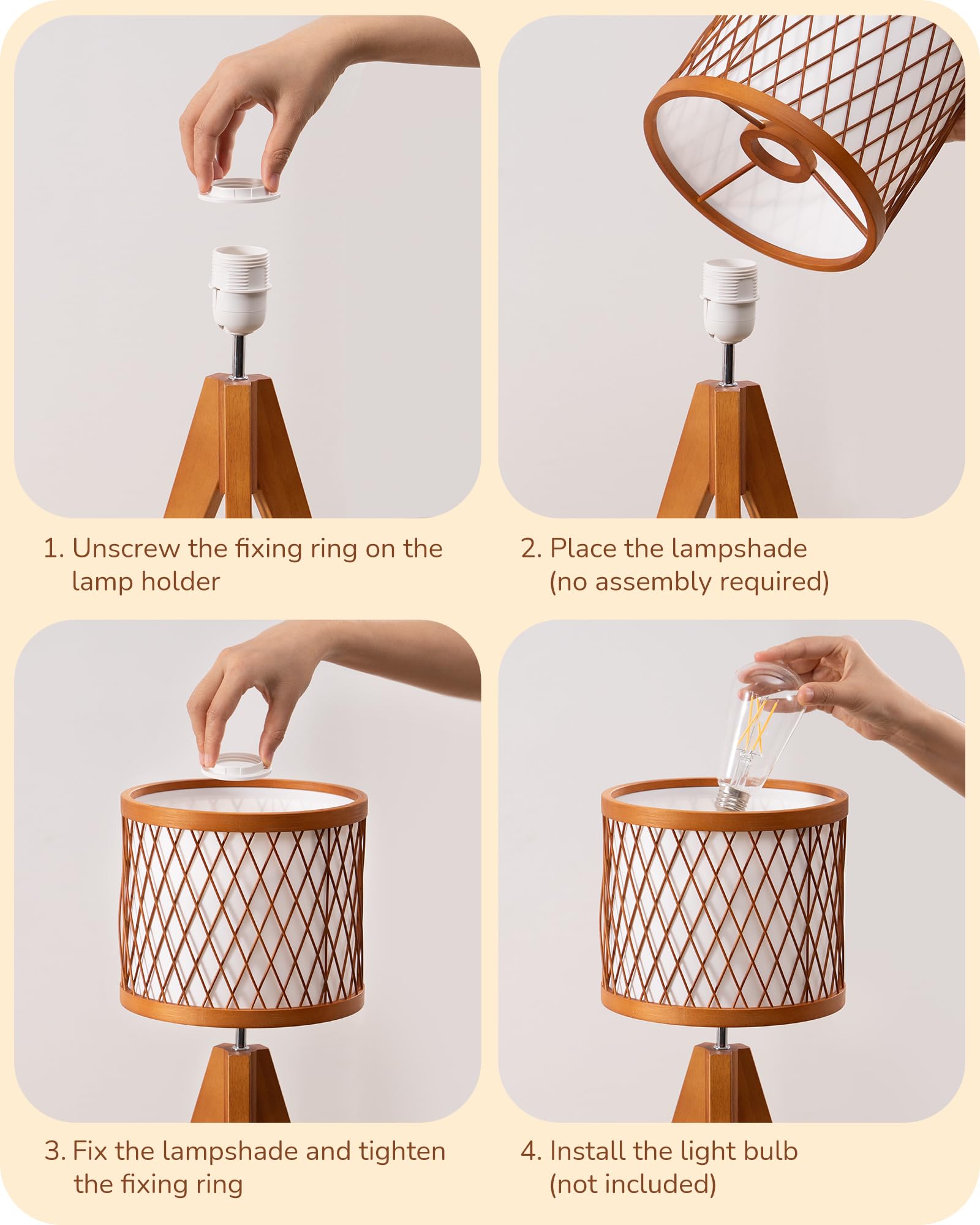 Edishine Small Table Lamp, 14.17'' Wood Tripod Bedside Lamp With Bamboo Lampshade & Pvc Shade, On-Off Switch & E26 Base, Boho Ni