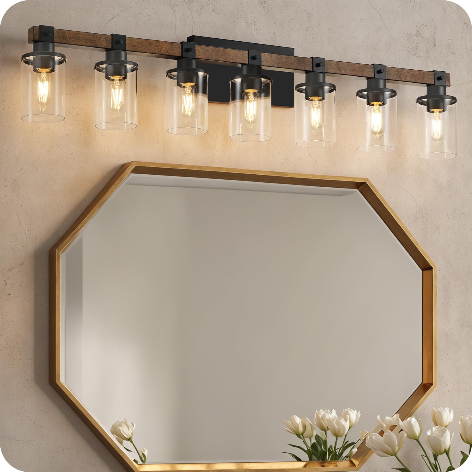 GOEBLESON 7-Light Bathroom Light Fixture, Rustic Metal Vanity Lights, F16BD05, Glass Shade, Rustic Brown + Black