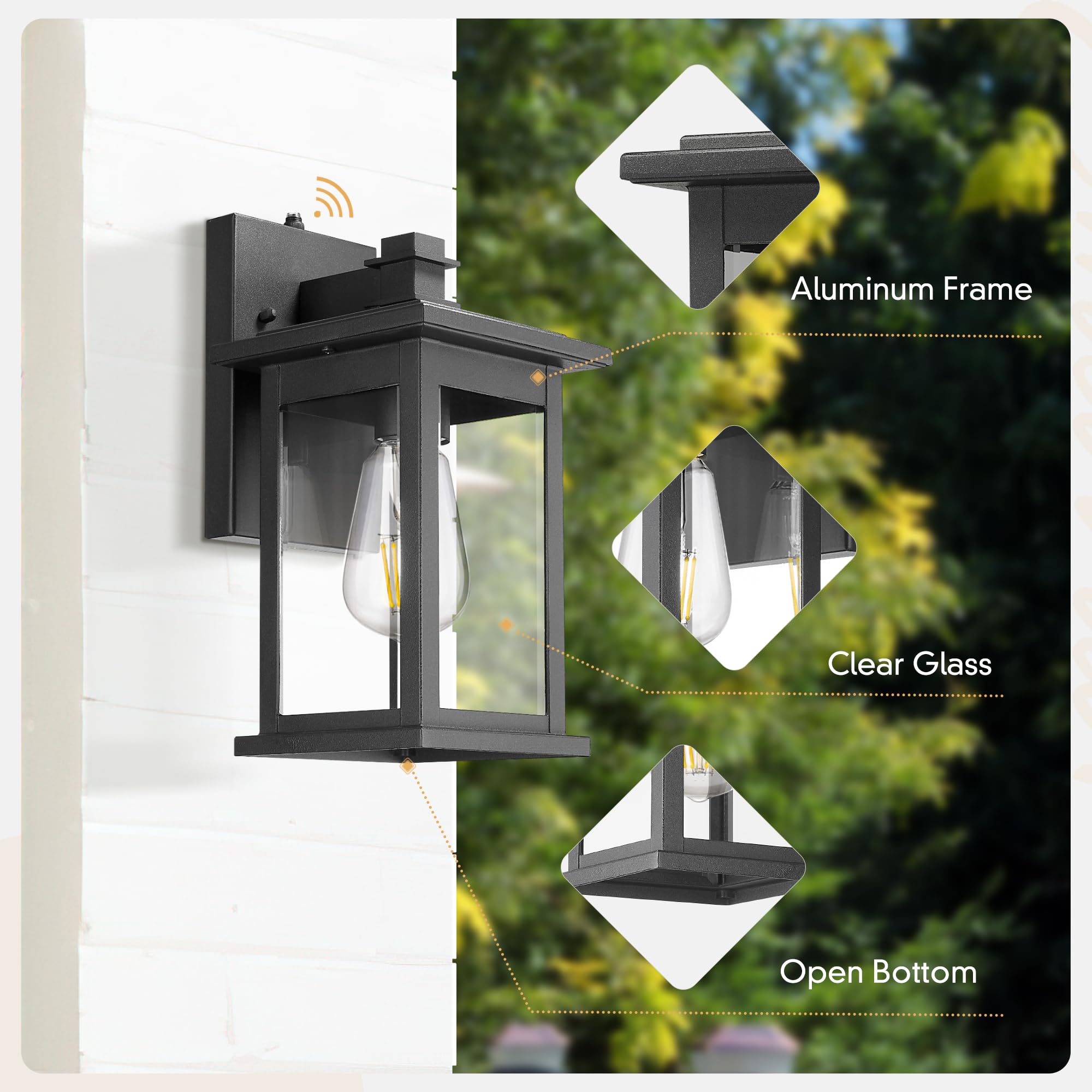 Emliviar Wall Mount Light Fixture, Dusk to Dawn Sensor, 11.8in Black, Clear Glass, Aluminum, 2 Pack, Model 1803EW1-PC-2PK