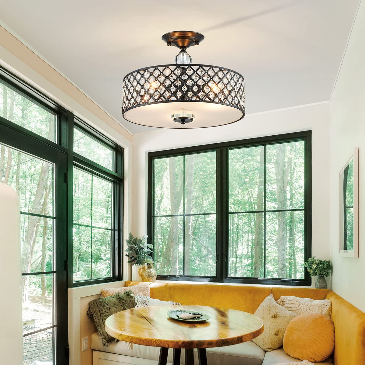 Saint Mossi Semi Flush Mount Ceiling Chandelier  Modern K9 Crystal Ceiling Light Fixture For Dining Room  Livingroom  Bedroom  H11 X D15.4  Matte Black Finish