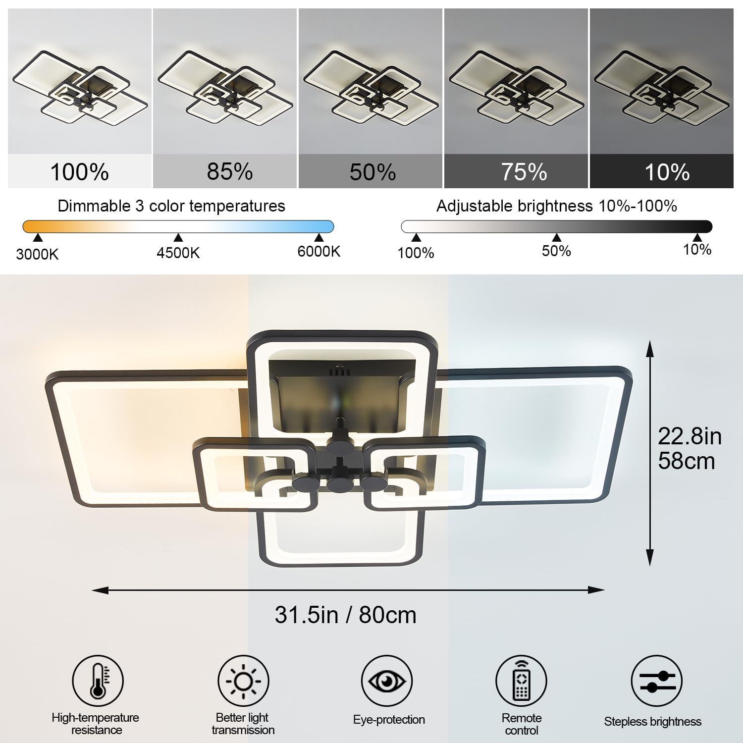 Modern Led Ceiling Light,6 Square Acrylic Black Modern Lighting Fixture Ceiling Lights For Living Room,Dimmable Lamp With Remote