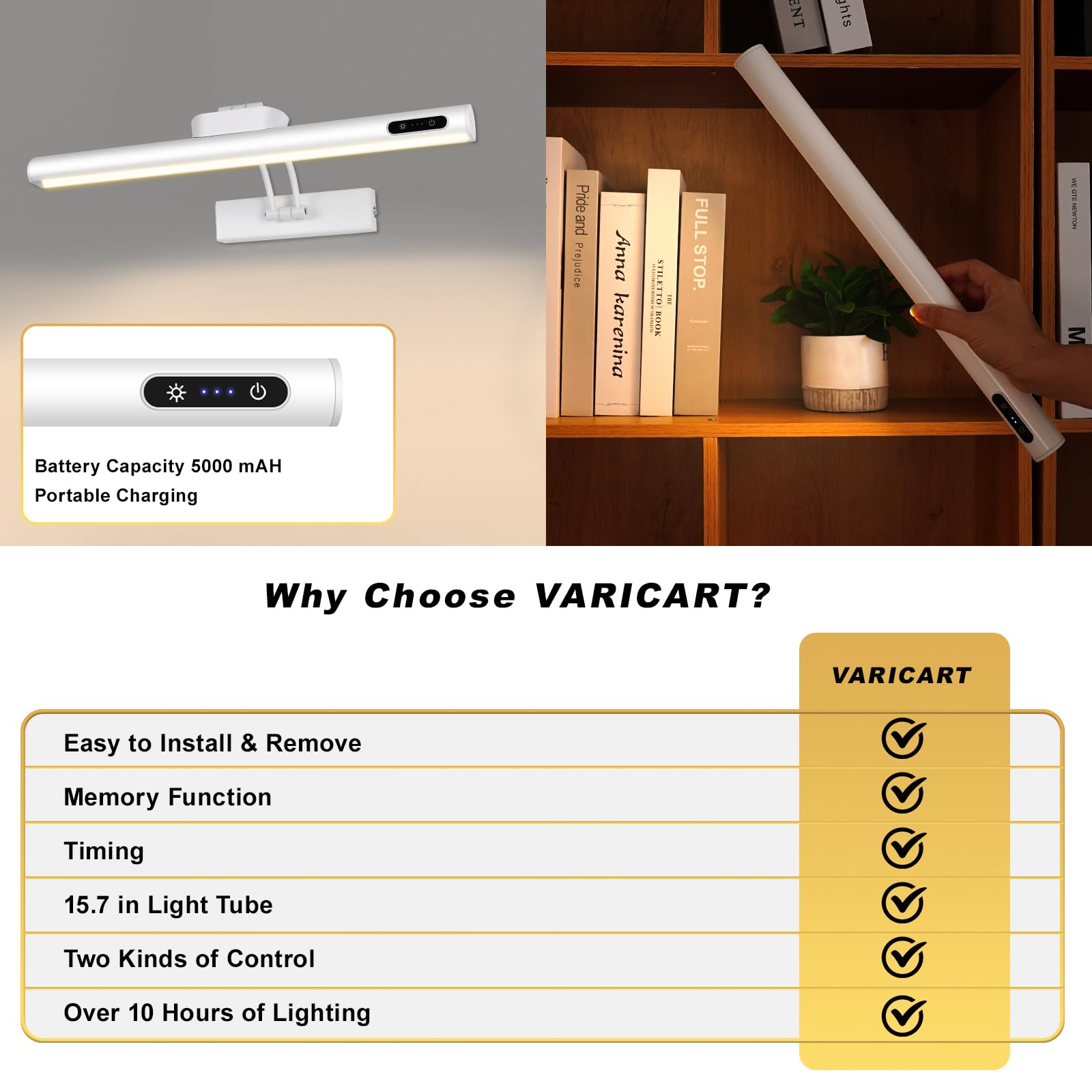 VARICART Magnetic Wireless Picture Light, 16in Metal, Rechargeable, Dimmable, Adjustable, White, Model 12d20244-aa55-408c-a695-74a58