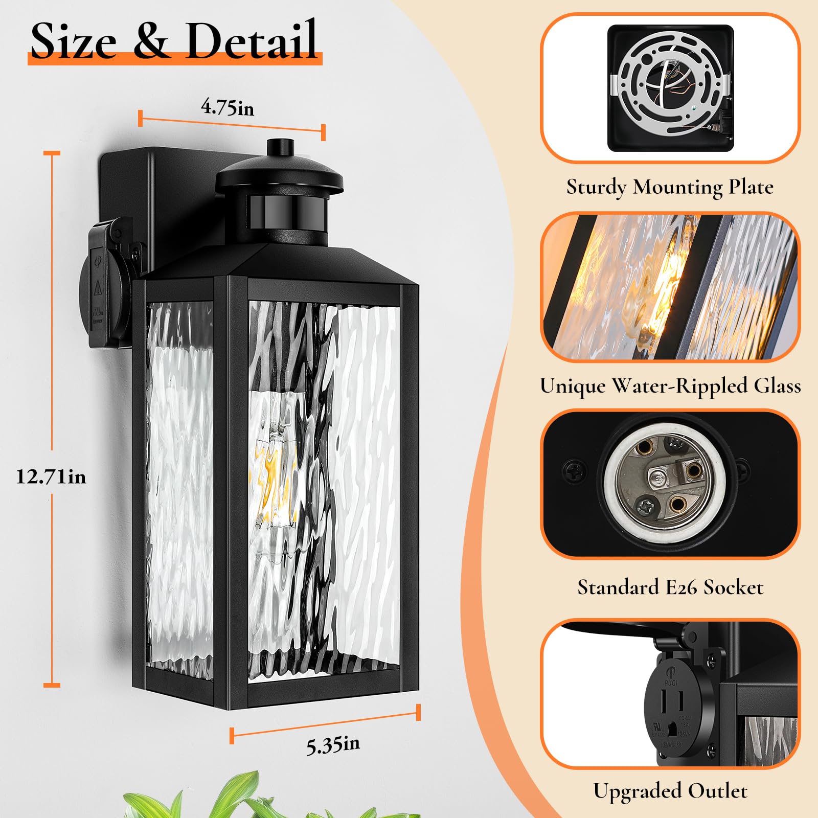 Motion Sensor Porch Lights With Outlets, Black Dusk To Dawn Outdoor Lighting, 3 Lighting Modes Exterior Light Fixtures With Wate