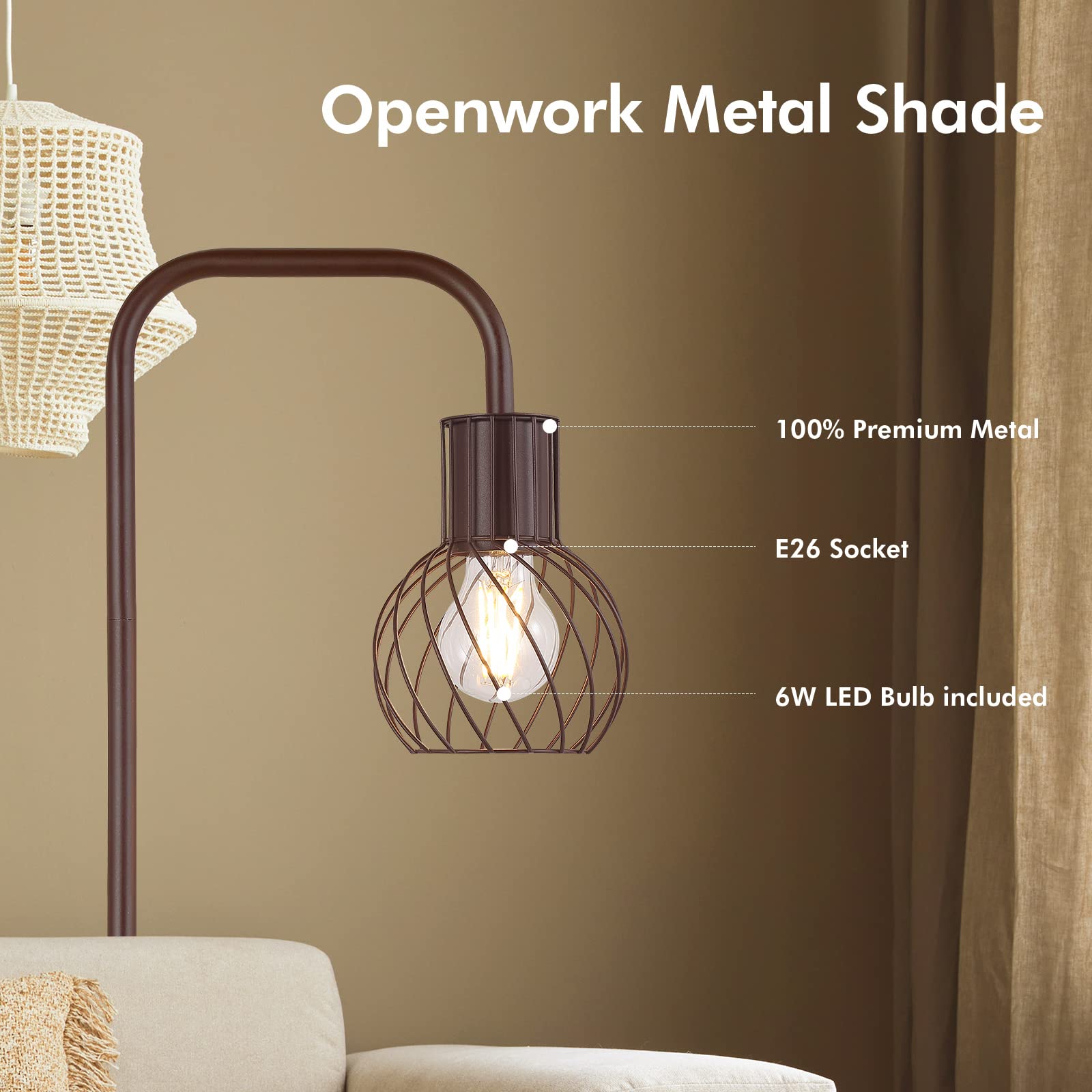 AUQUEE Industrial Standing Lamp with 6W LED Bulb, Foot Switch, Metal, Brown, Model AQ1214US