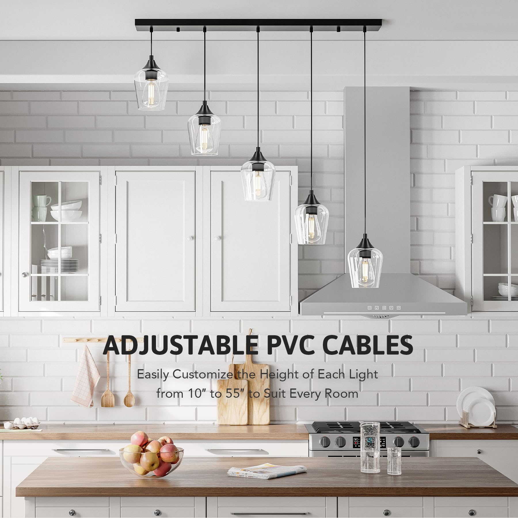 VONLUCE 5-Light Pendant Light Fixture, Modern Matte Black Metal with Wine Glass Shades, Adjustable Height 10"-55", ETL Certified