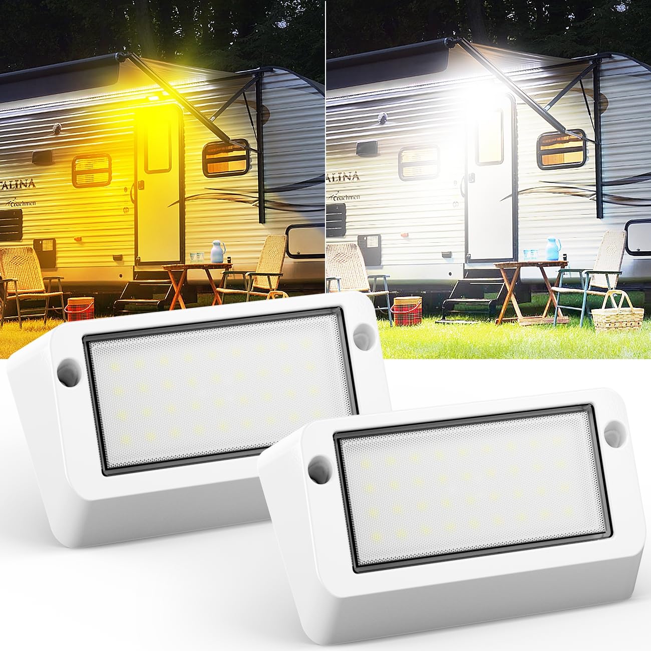 Safoner RV LED Porch Light, 1400LM Brightness, IP67 Waterproof, 12-30V DC, Aluminum, 2 Pack, White Housing