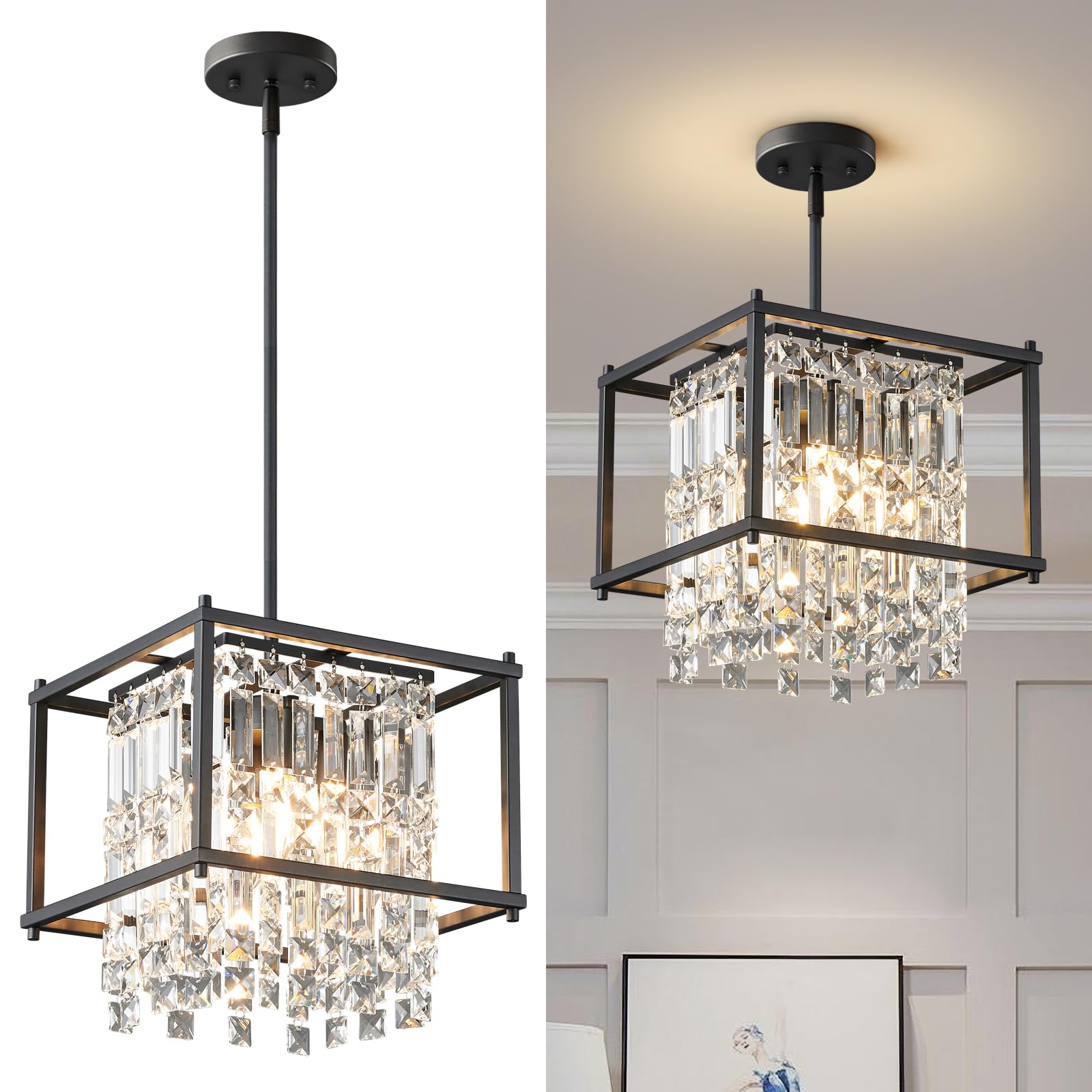 Lmqnine 4-Light Black Metal Crystal Chandelier, 11.81&quot; Square Pendant For Dining Room & Kitchen