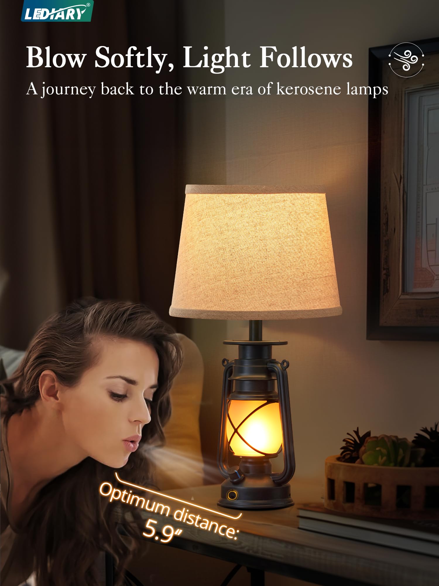 LEDIARY 18.72" Blow-Controlled LED Lantern Table Lamps, Set of 2, Rustic Black for Bedrooms & Living Room, Halloween Decorative Lighting