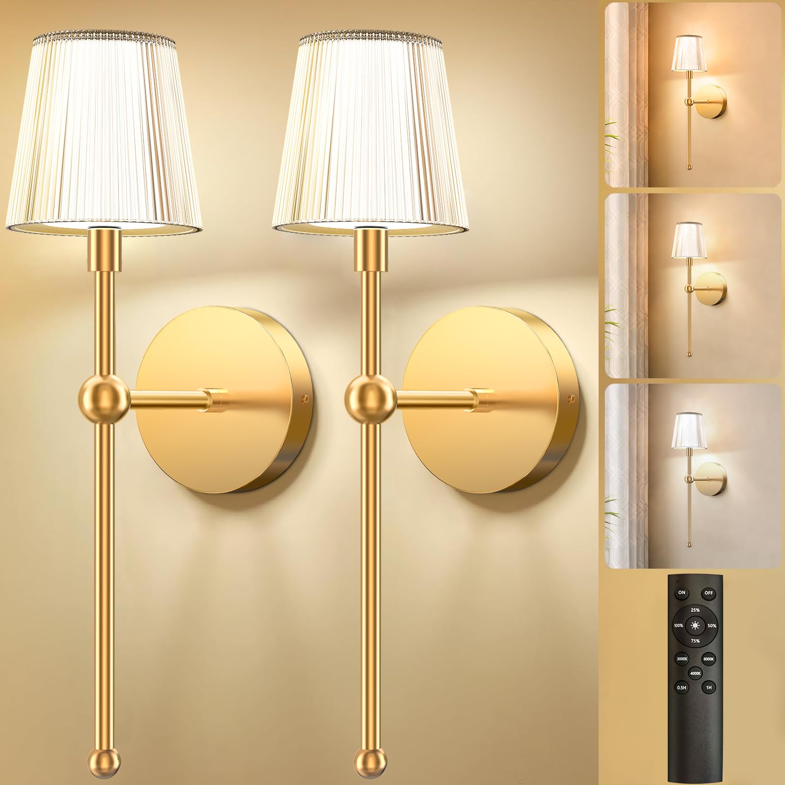 Glendan Battery Operated Wall Sconces Set of 2: Gold Rechargeable Wall Lights with 5200mAh Dimmable Bulbs and Remote,3 Colors Wi