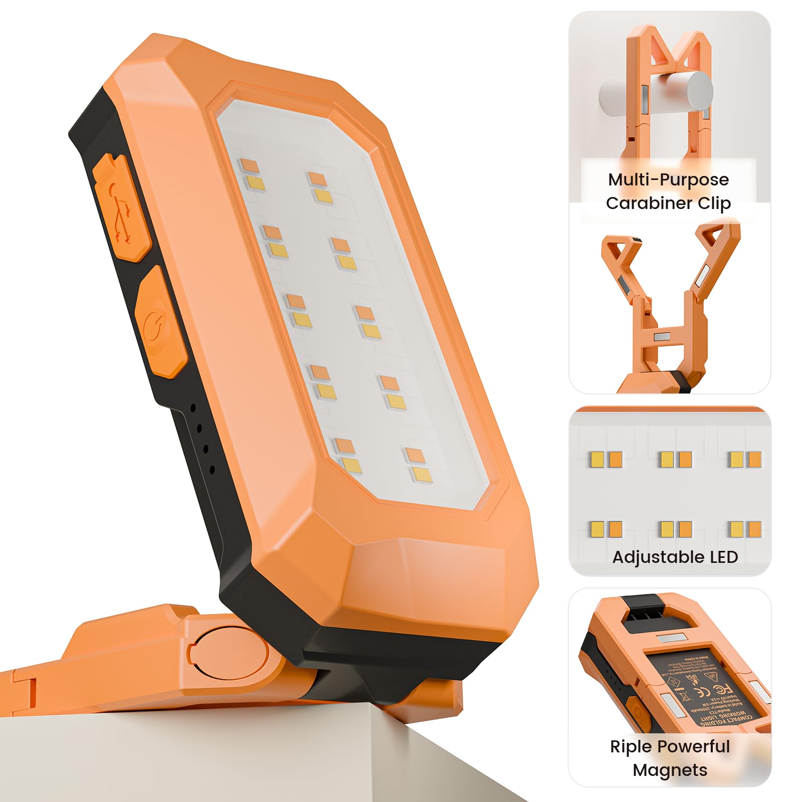 Rechargeable LED Work Light Cordless, 3000K-6500K CCT 500 Lumen, 40Hour Max, Adjustable 180 Stand IP54 Waterproof Compact Portab
