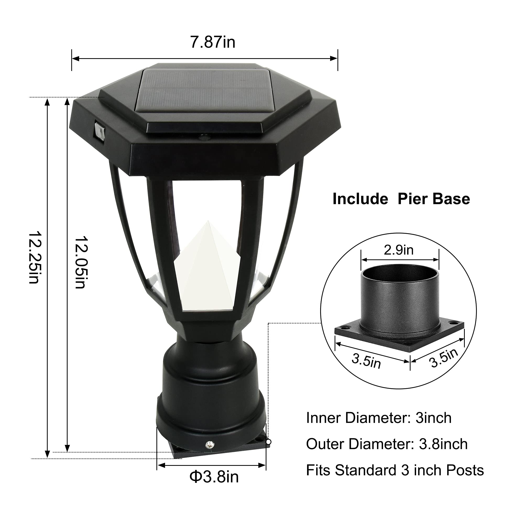 FUDESY LED Solar Post Light, Waterproof Black Plastic for Garden, Warm White 3000K, Model 24590d5a-2cb5-495c-aeae-6
