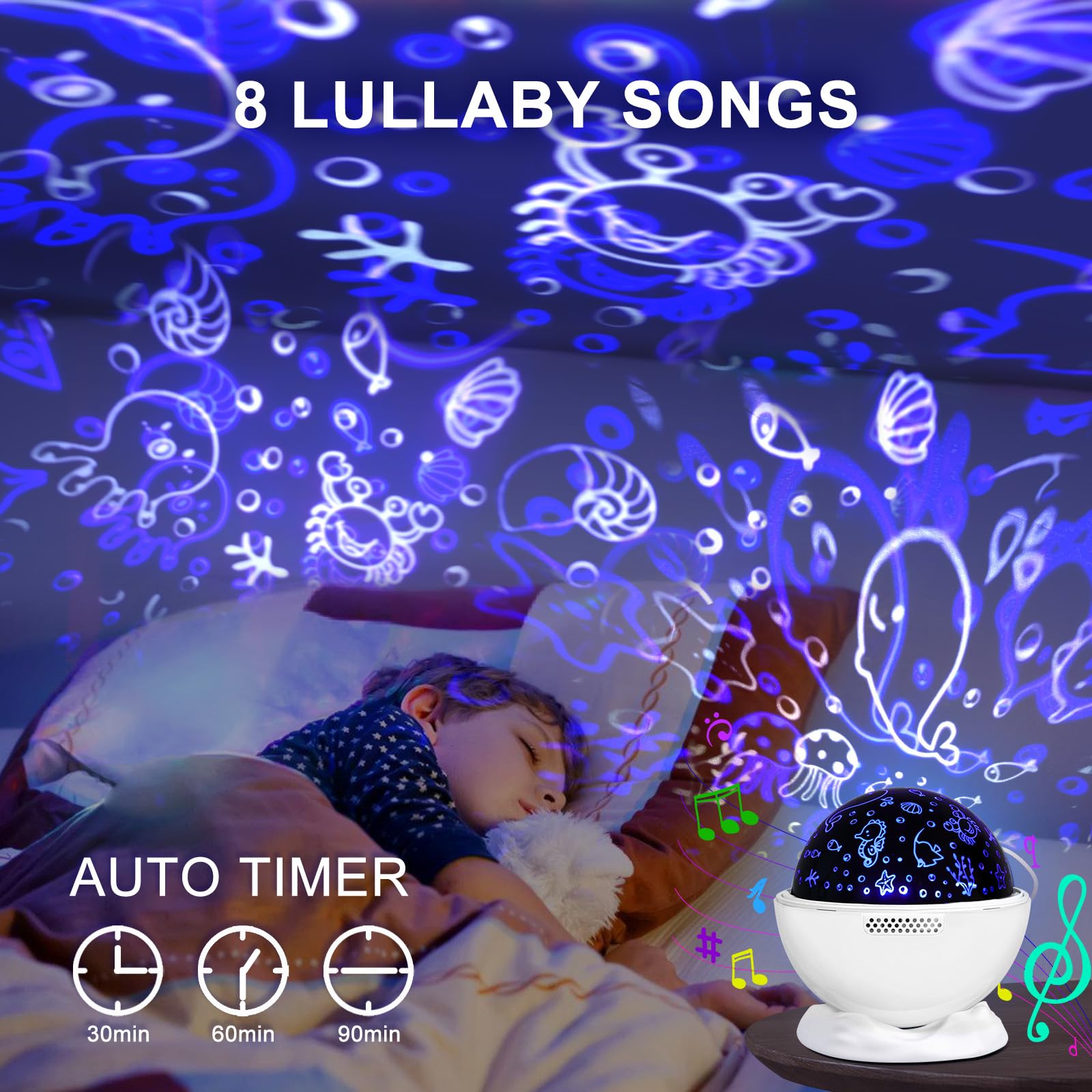 Night Light Projector,Night Light For Kids Room With Remote And Timer,360 Rotation,3 Projection Films,18 Light Modes,8 Lullaby S