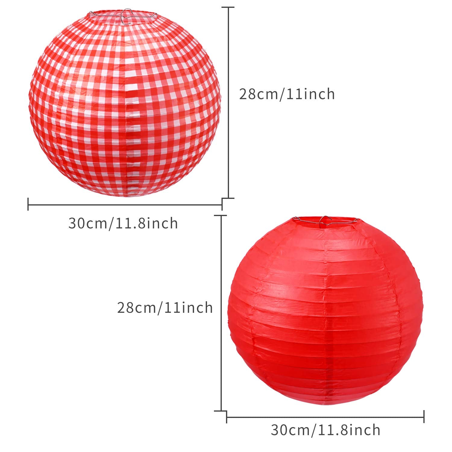 Blulu Paper Lanterns - Checkered Round Decorations, Red and White Plaid, 6 Pieces, Metal for BBQ Pizza Party