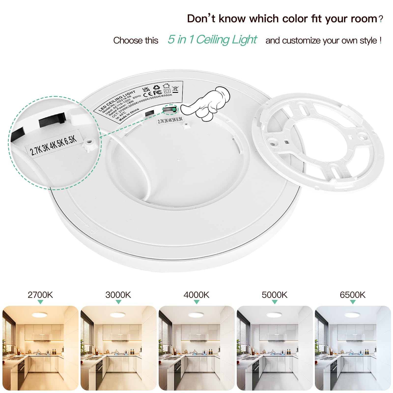 Brightever 9 Inch Flush Mount Led Ceiling Light Fixture, 5-In-1 Cct 2700K/3000K/4000K/5000K/6500K Selectable, 180W Equivalent, 2