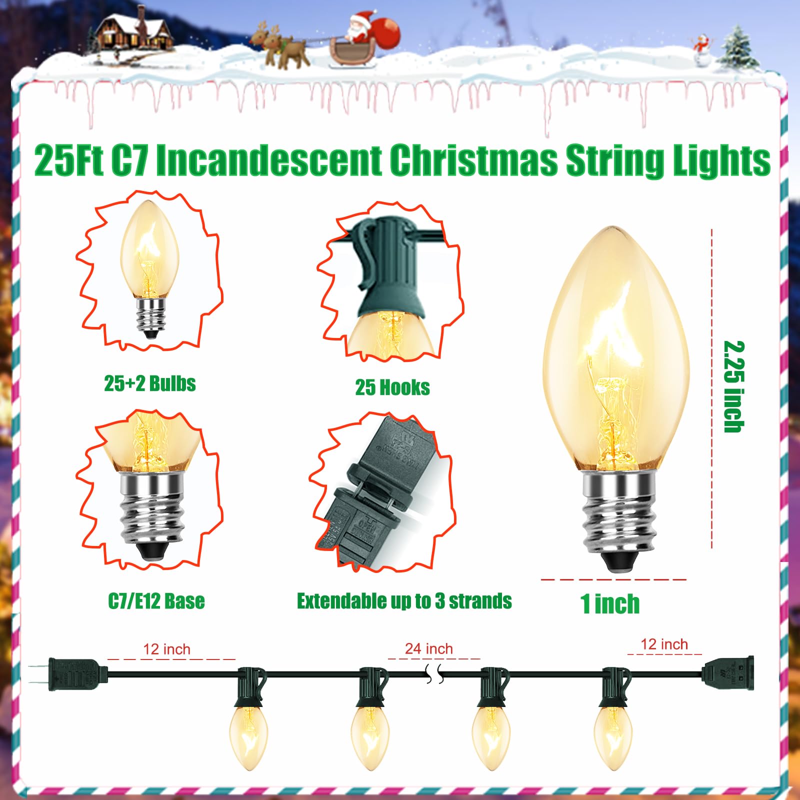 C7 Clear Christmas Lights, 25Ft Outdoor Christmas String Lights With 27 Warm White Incandescent Bulbs, Connectable Vintage Chris