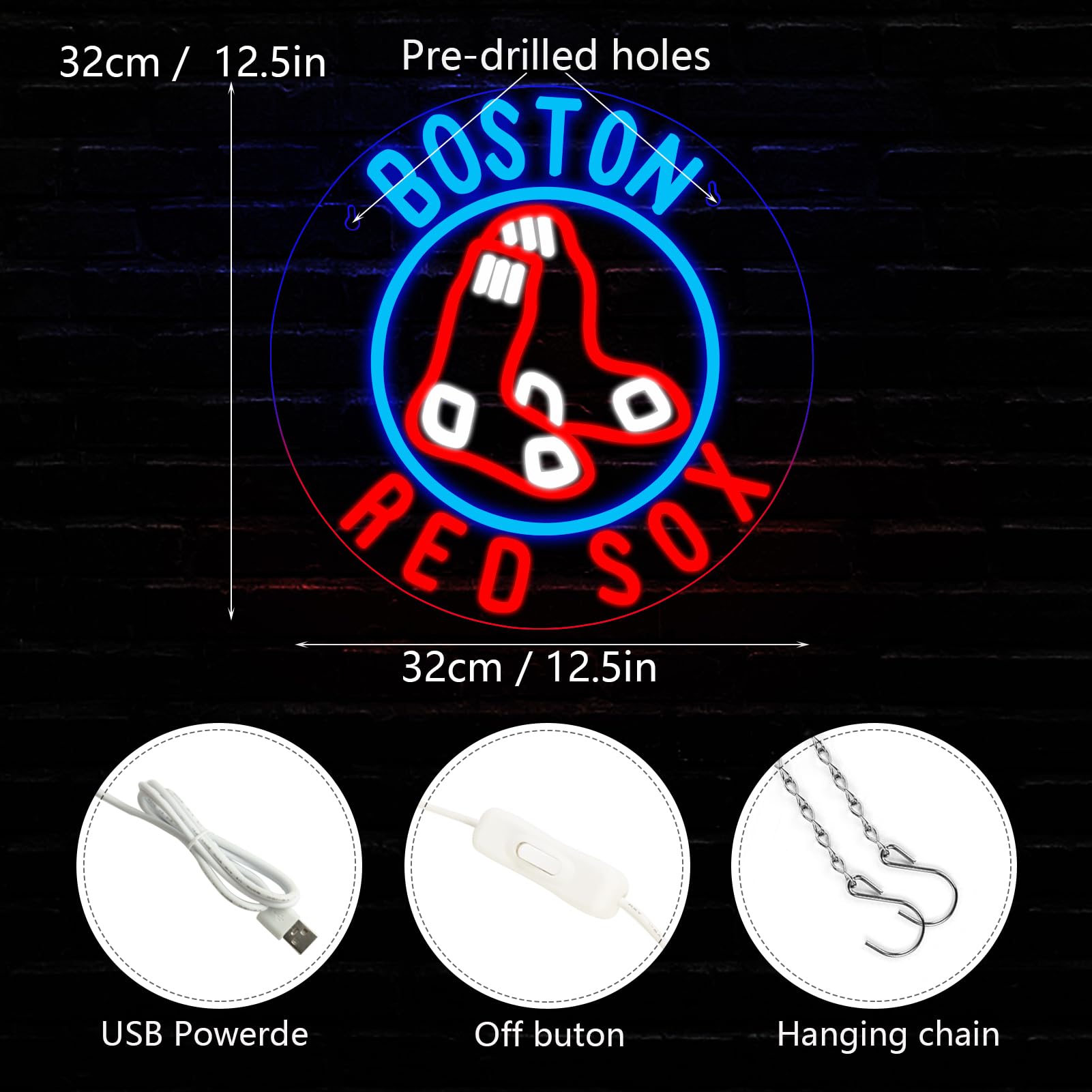 WonderfulLife Red Sox Neon Sign - LED Lights for Man Cave/Bar, Red/Blue, Plastic, MLB Team Logo Decor