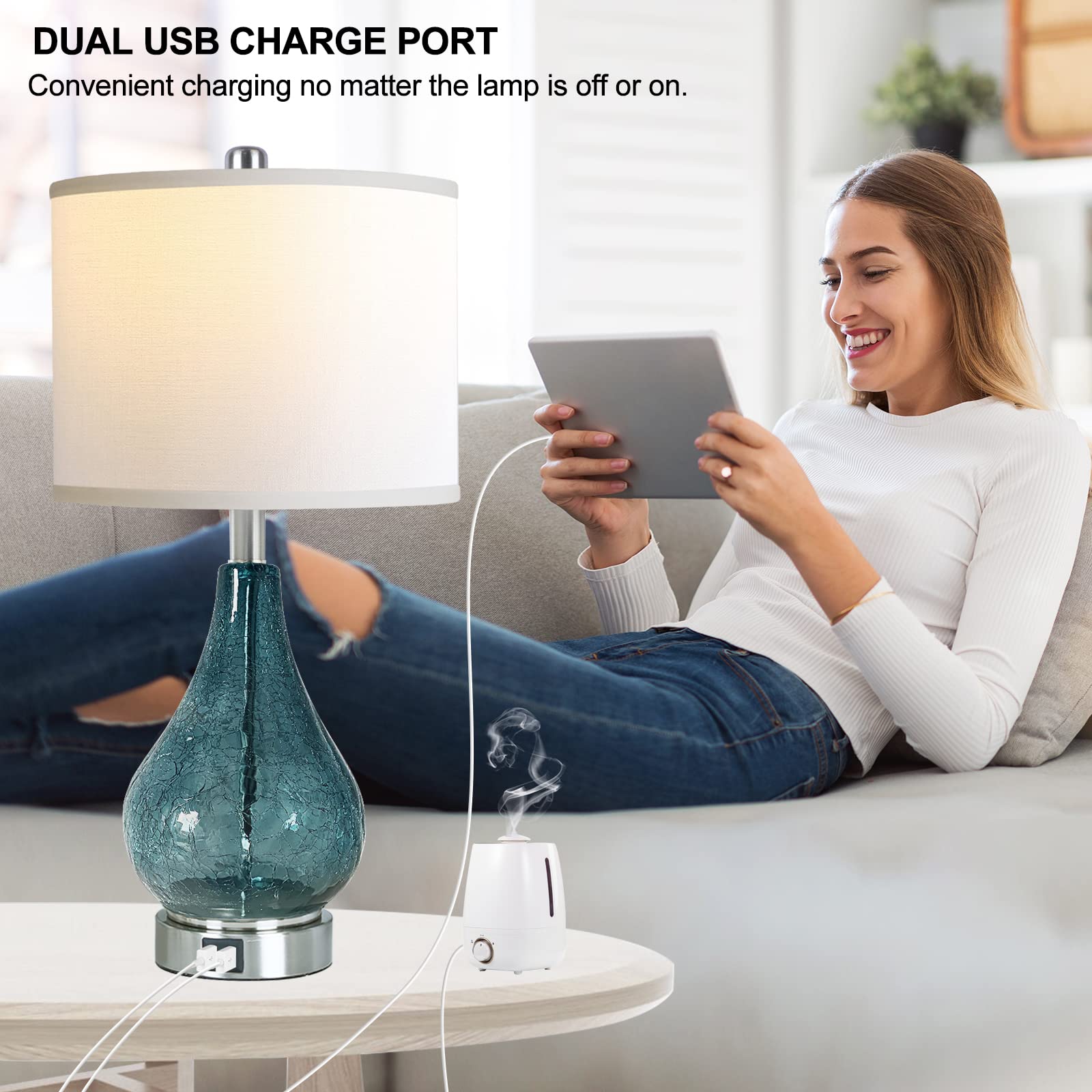 QiMH Glass Table Lamp Set of 2, 22.5" LED Touch Control, Blue 3-Way Dimmable Modern Bedside Lamps with White Fabric Shade