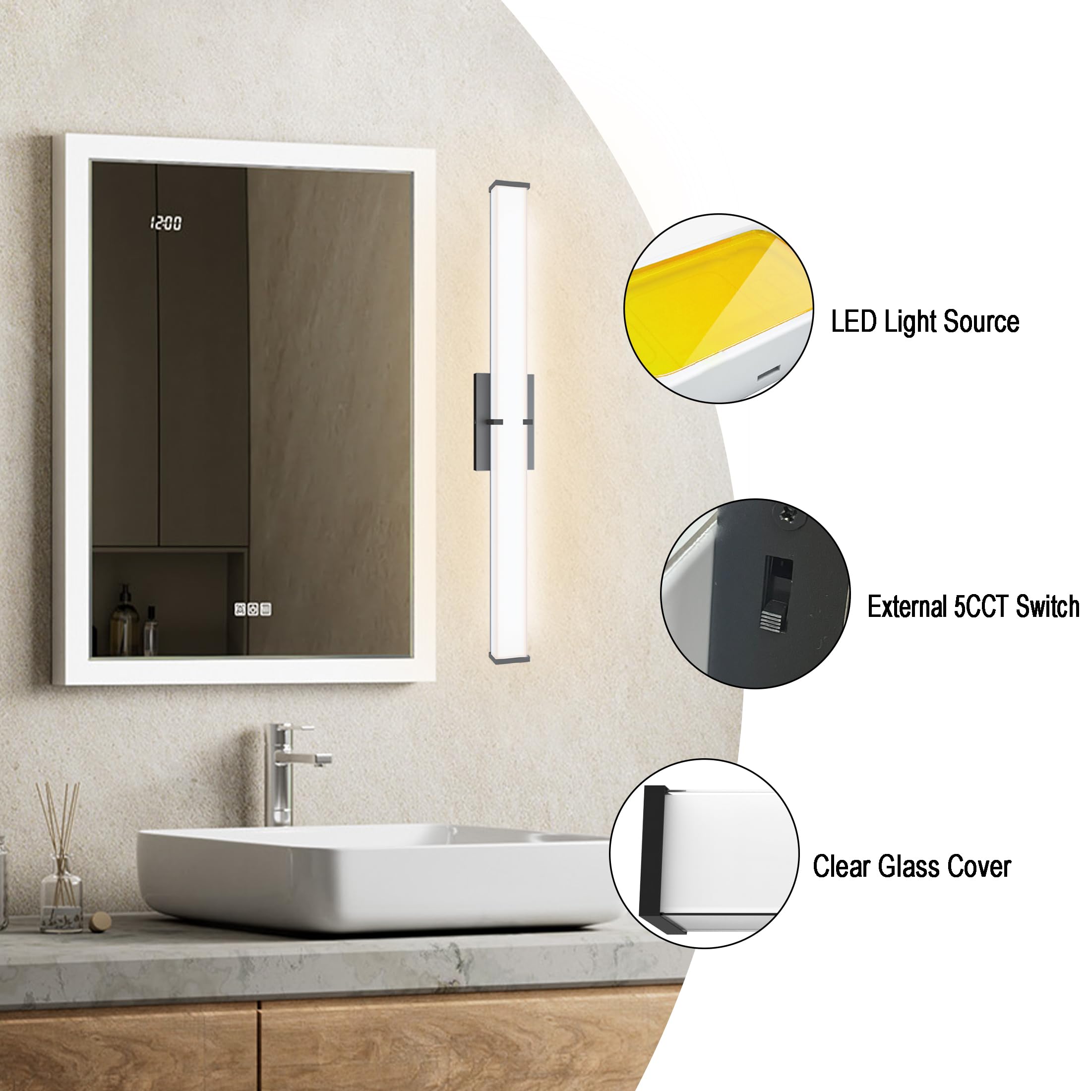 Novelux 24.8Inch 2500Lm Bathroom Light Fixtures 5Cct Optional  Black Modern Led Vanity Lights Clear Shade  Dimmable Bathroom Lighting Fixtures Over Mirror - Etl Listed