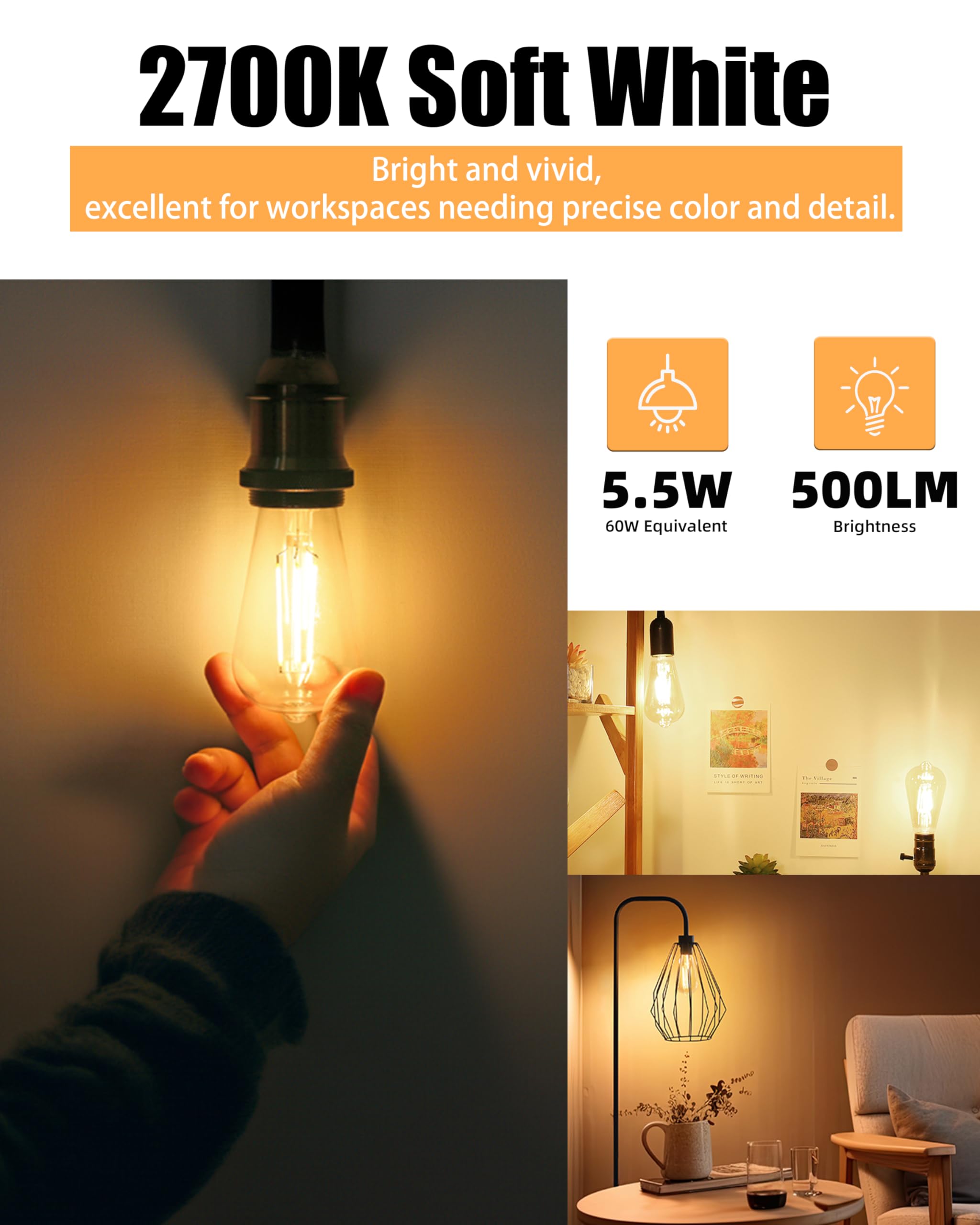 Lumiverse Edison Bulbs 60W Equivalent, Dimmable Led Light Bulbs, Cri 90+, Vintage E26 Lightbulbs, 2700K Warm White, St19 St58, 5