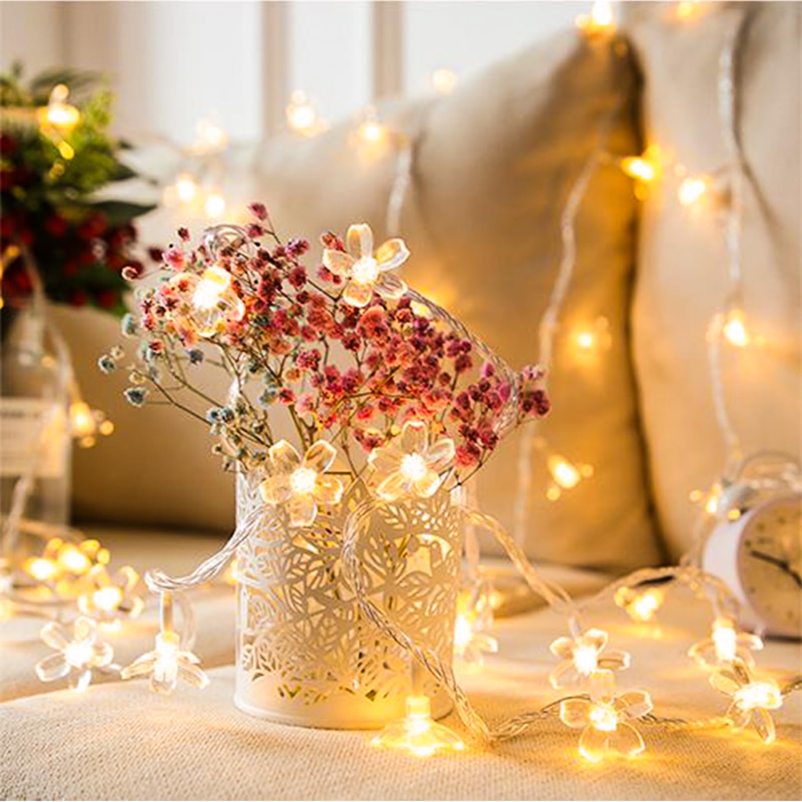 JACUXLSS Decorative Fairy Flower String Lights, 33ft 100 LED Plug in Warm White Novelty Cherry Blossom Tree Branch Indoor Decor,