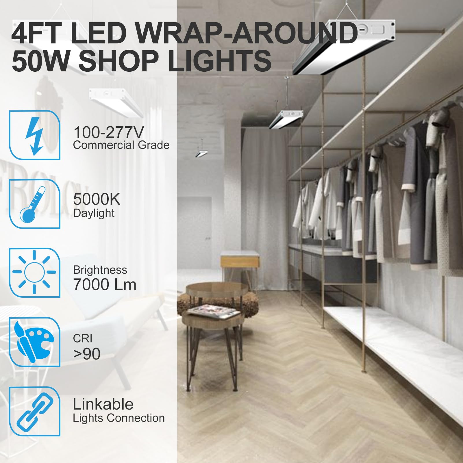 Lightdot 4Ft-5In Led Wraparound Shop Lights,100-277V Linkable,50W 4Ft Led Light Fixtures For Garage Workshop Supermarket,7000Lm[