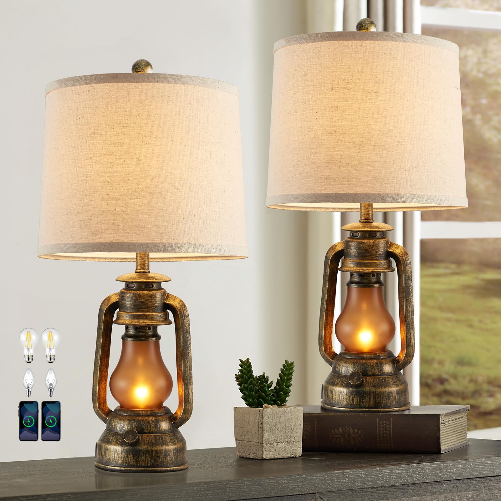 RORIANO Farmhouse Lantern Table Lamps Set of 2, 22-Inch Brass Color with USB Ports, Rustic Vintage Nightstand Lamps, Model RO-8855