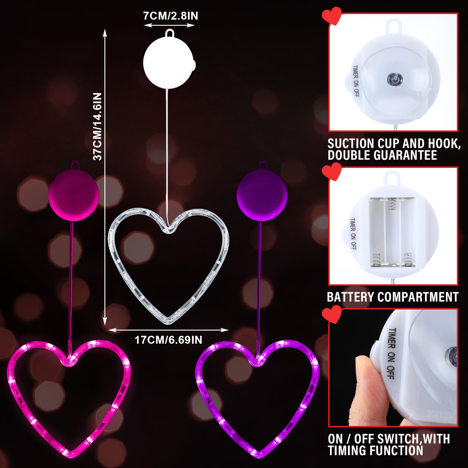 Baquler 5 Pcs Heart LED Lights for Valentines Day, Battery Operated, Suction Cup, Red/Pink/Purple, Heart Size
