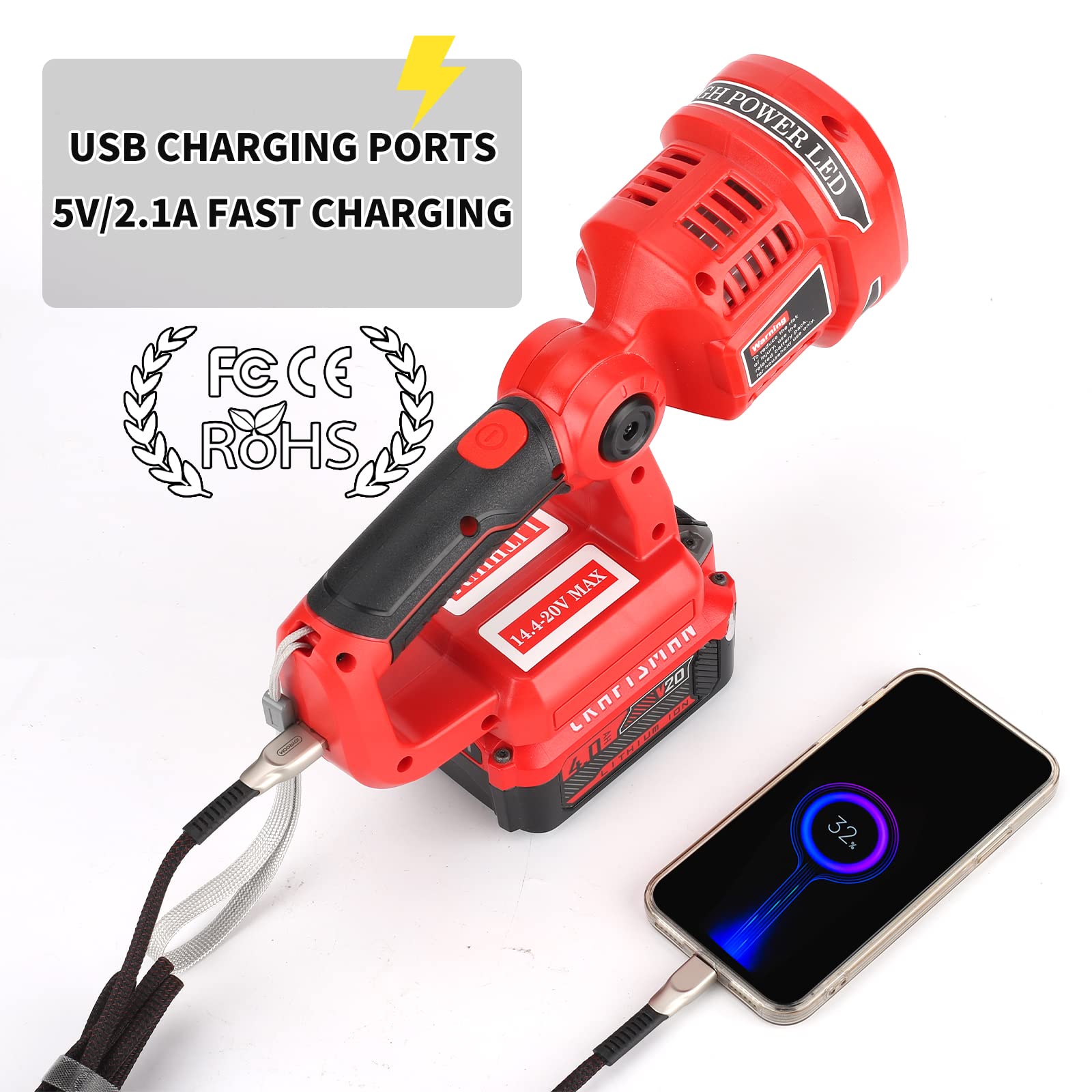 Taingwei 1120Lm Led Work Light For Craftsman V20 Battery,12W Portable Battery Powered Lights Powered By 20V Battery, Rechargeabl