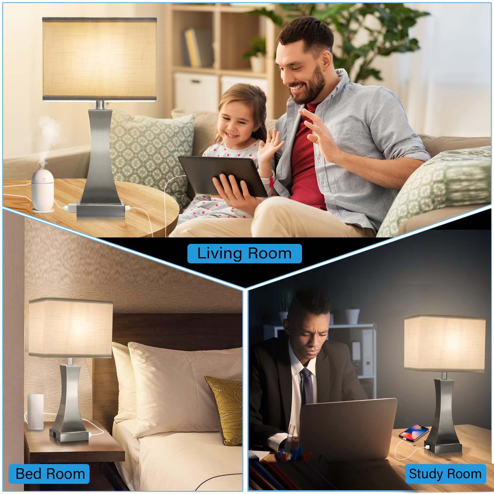 OYedis 3-Way Dimmable Touch Control Table Lamp, 21.6" Brushed Nickel, USB Port, Iron, Model T007 for Bedroom, Living Room, Office