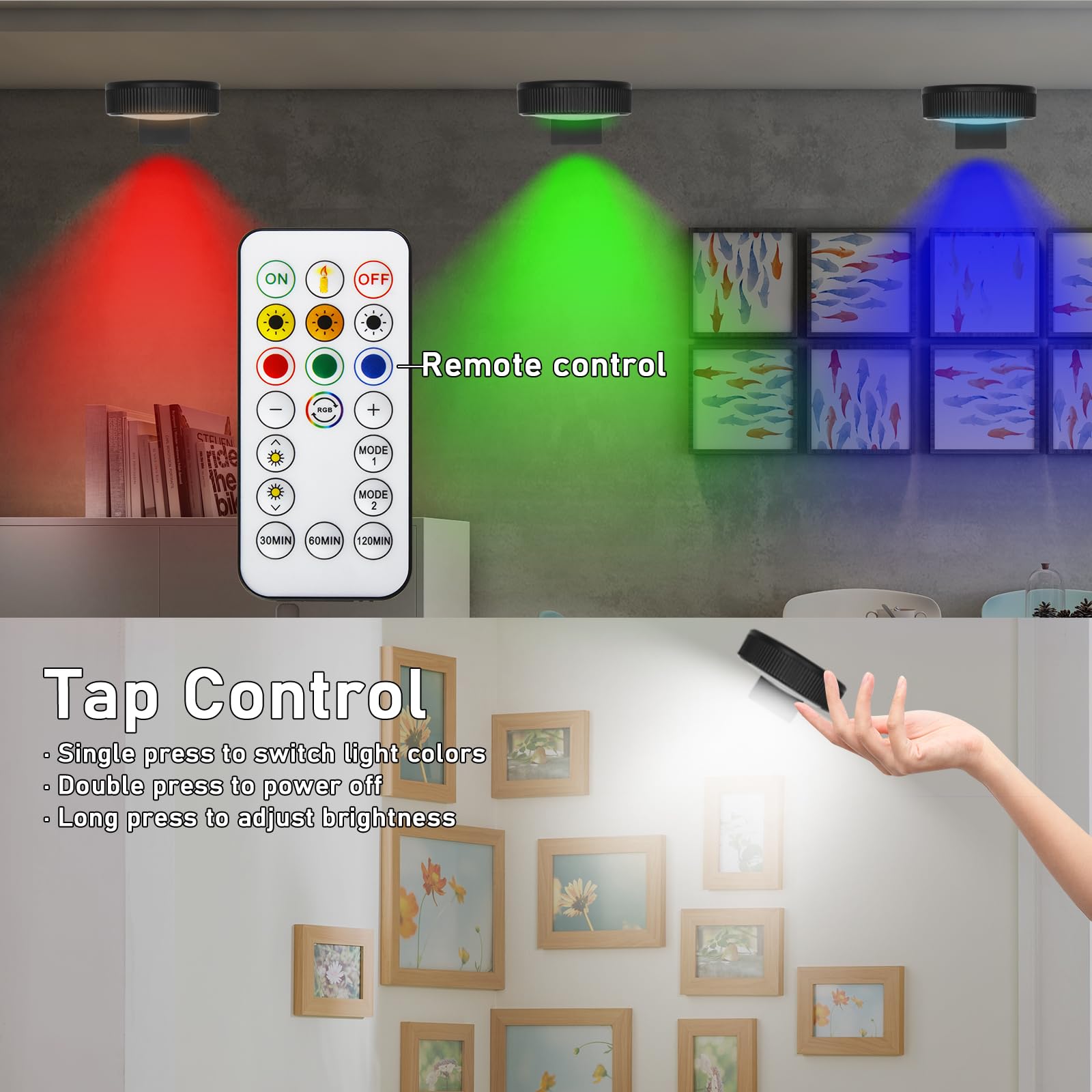SNKIZN Battery-Powered Magnetic Wireless Picture Lights, RGB, Dimmable, Timer, 2 Pack, White, Plastic