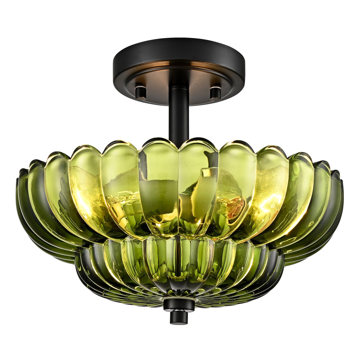Semi Flush Mount Ceiling Light Fixture  Green Glass 3-Light Modern Vintage Ceiling Lights  Scalloped Close To Ceiling Light  Black Base Flush Mount Ceiling Light For Hallway Bedroom Entryway Kitchen