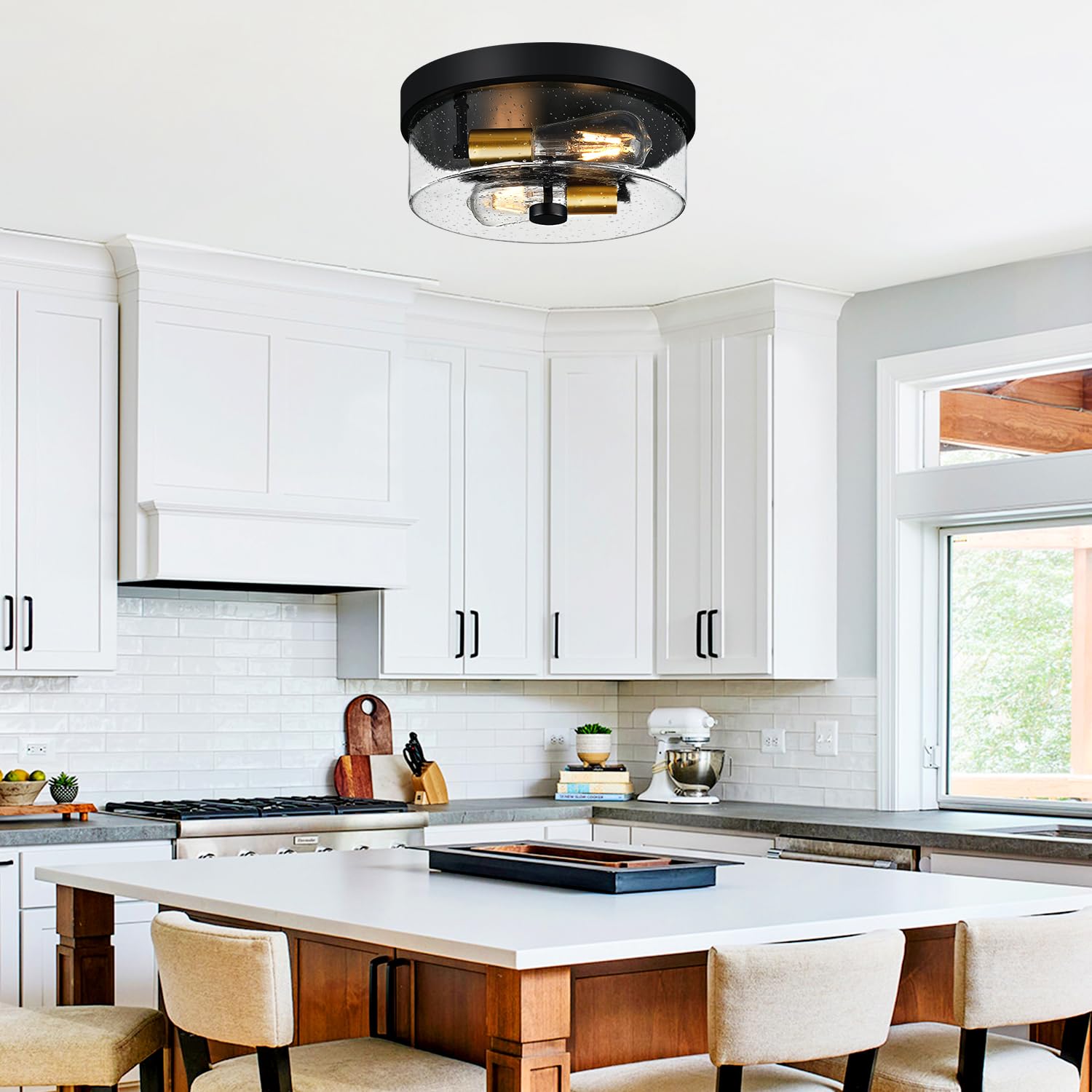 Flush Mount Ceiling Light Fixtures, 2-Light Black And Gold Ceiling Mount For Farmhouse With Seeded Glass Lampshade, Industrial F