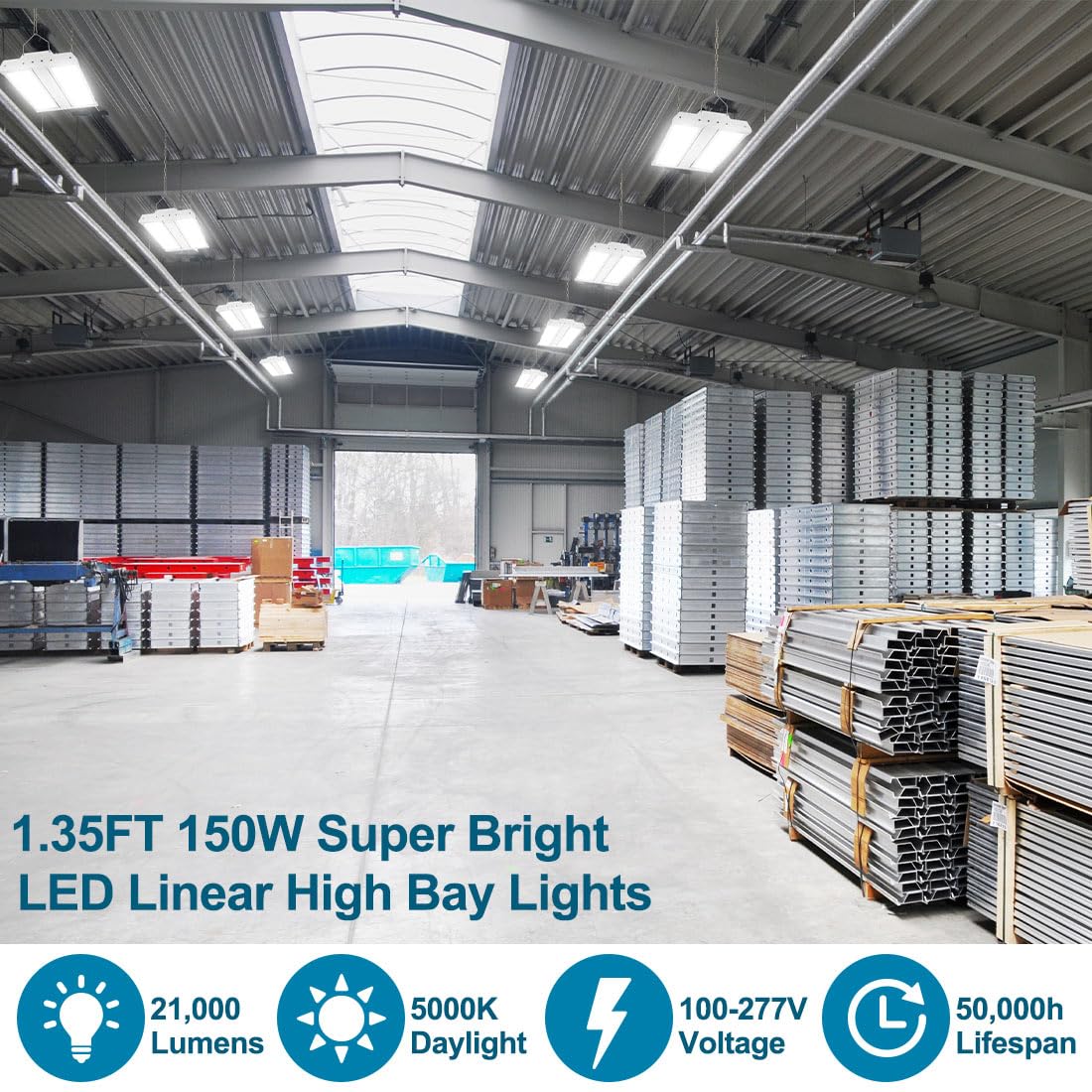 Xbuyee High Bay Led Shop Light 2-Pack 1.35Ft 150W 21000Lm 5000K Daylight 100-277V, Commercial Led Linear High Bay Lights For Warehouse Workshop Supermarket Stadium, Etl