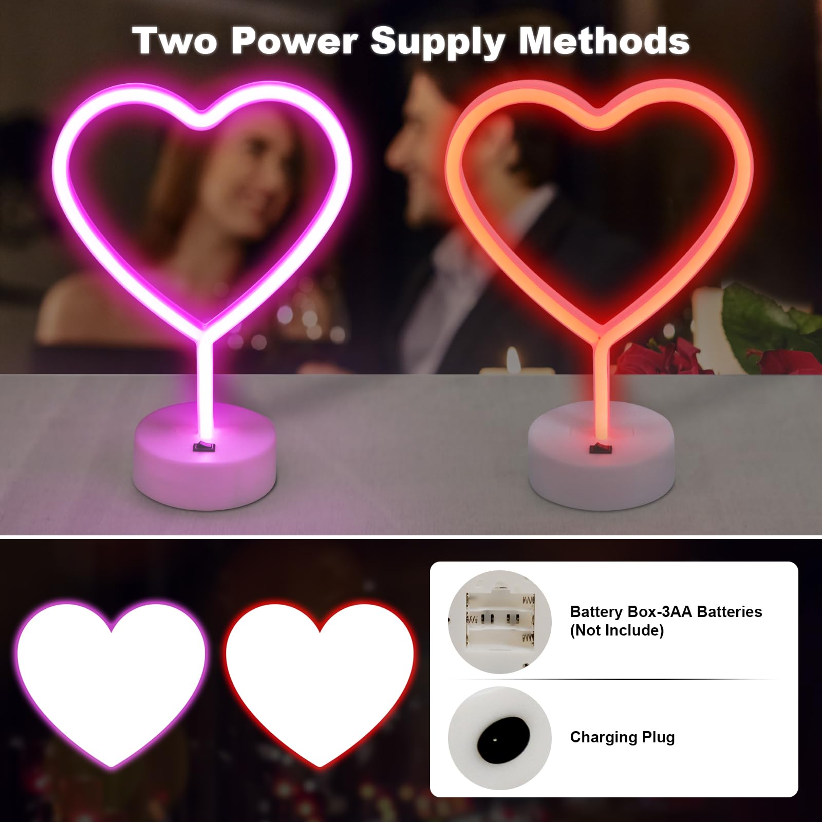 BRIGHTDECK 2 Pack Heart Neon Signs - LED Pink & Red Lights, Battery/USB Powered, Valentine's Day Decor, Wedding & Party Lamp