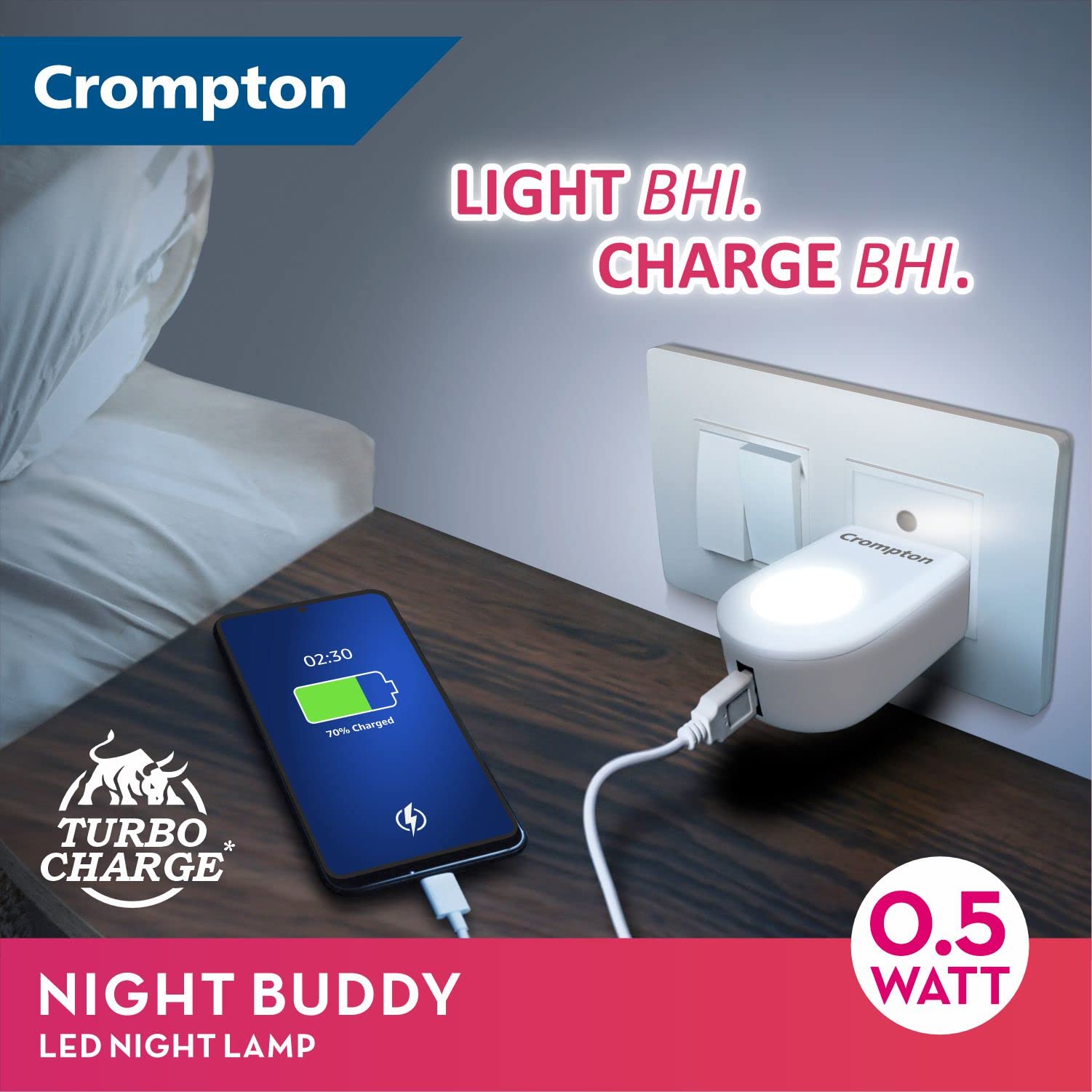 Crompton Night Buddy 0.5 Watt Night Lamp with USB Charging Adapter Port (Warm White) Pack of 1