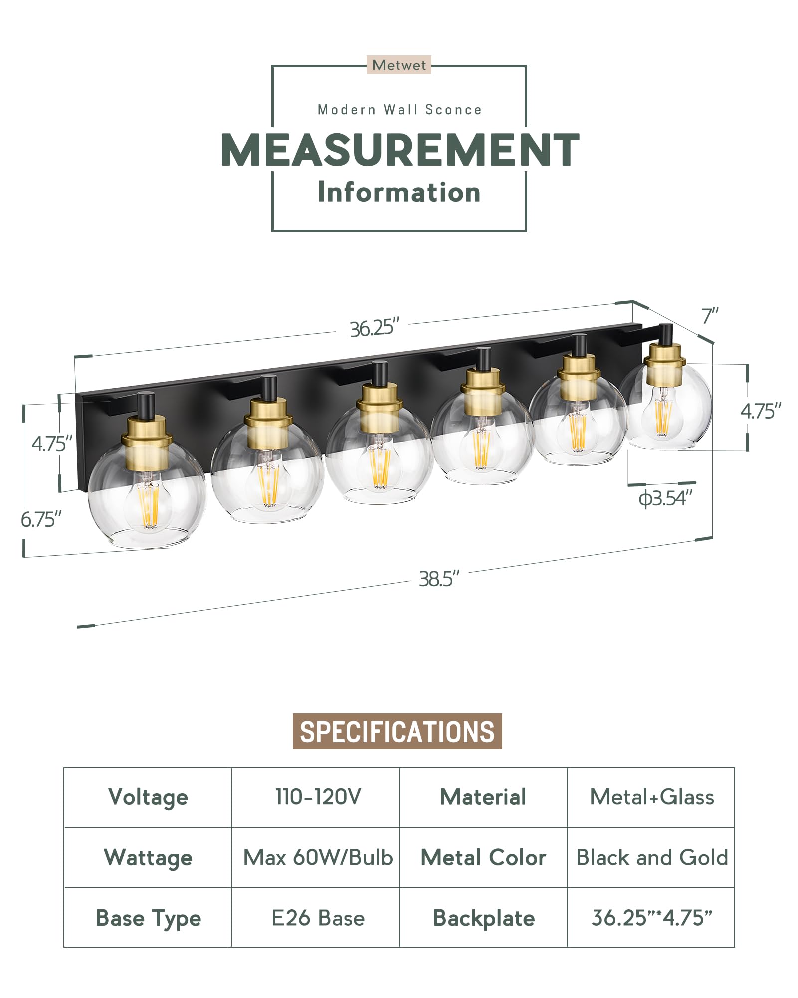 Metwet Bathroom Light Fixtures, 6-Light Black And Gold Bathroom Vanity Light, 38 Inch Modern Wall Sconces With Globe Clear Glass