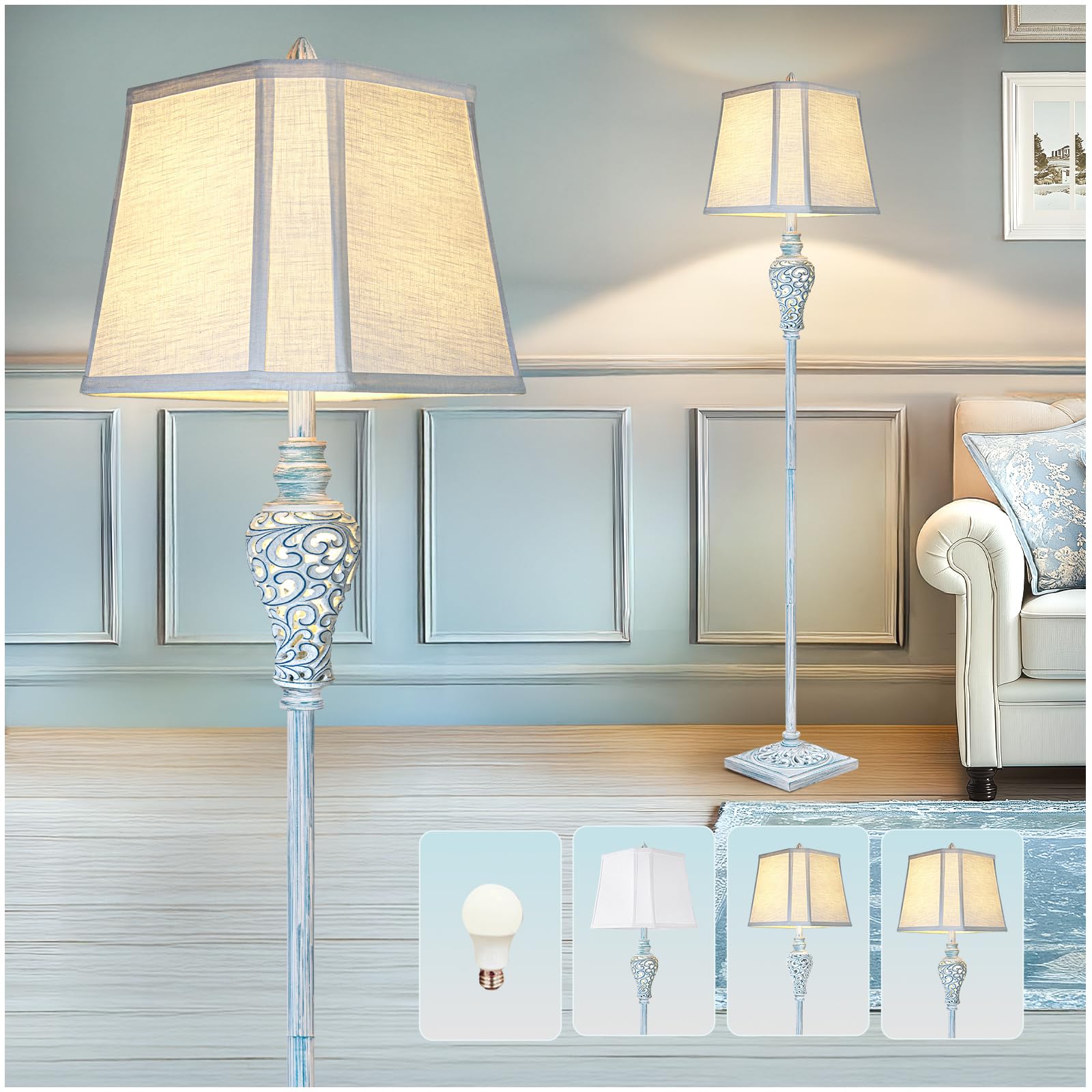 Vintage Floor Lamp With Nightlight, 65'' Retro Standing Lamp With White Linen Shade, Washed Blue Finish Farmhouse Style Design T