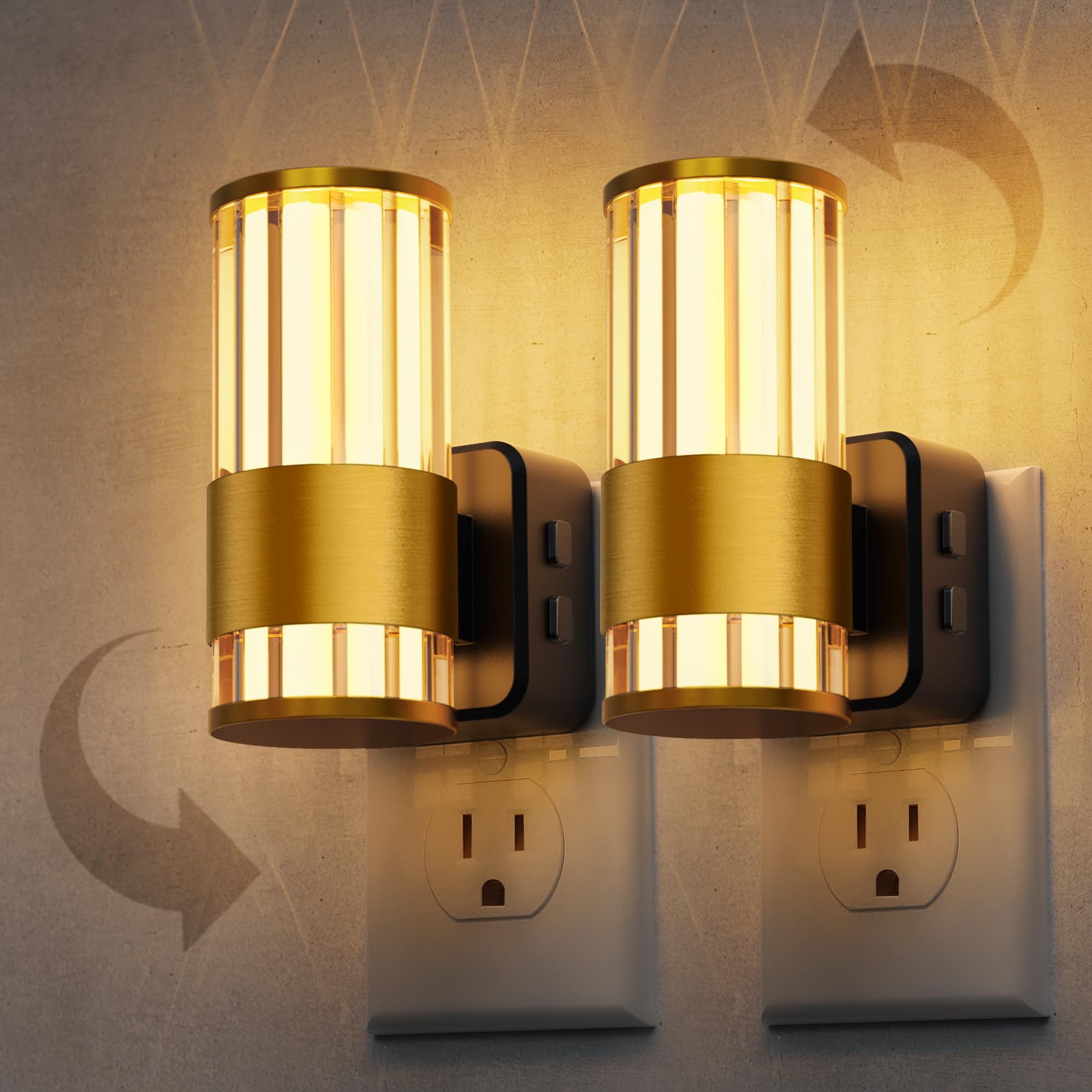 L LOHAS LED Night Light, Dimmable Plug-in with Auto Light Sensor, 0-100LM, 2 Pack, Gold Ring-3000K Stripe, Model A-GY22502