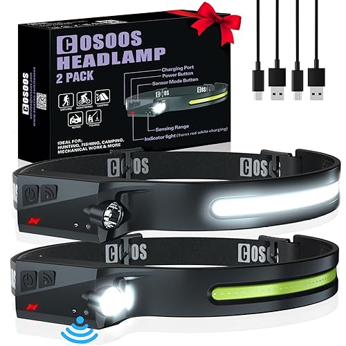 COSOOS Rechargeable LED Headlamp, 1000 Lumen, Adjustable Headband, Lightweight 2.4oz, Black, Model: Broad Light, Ideal for Hiking & Camping