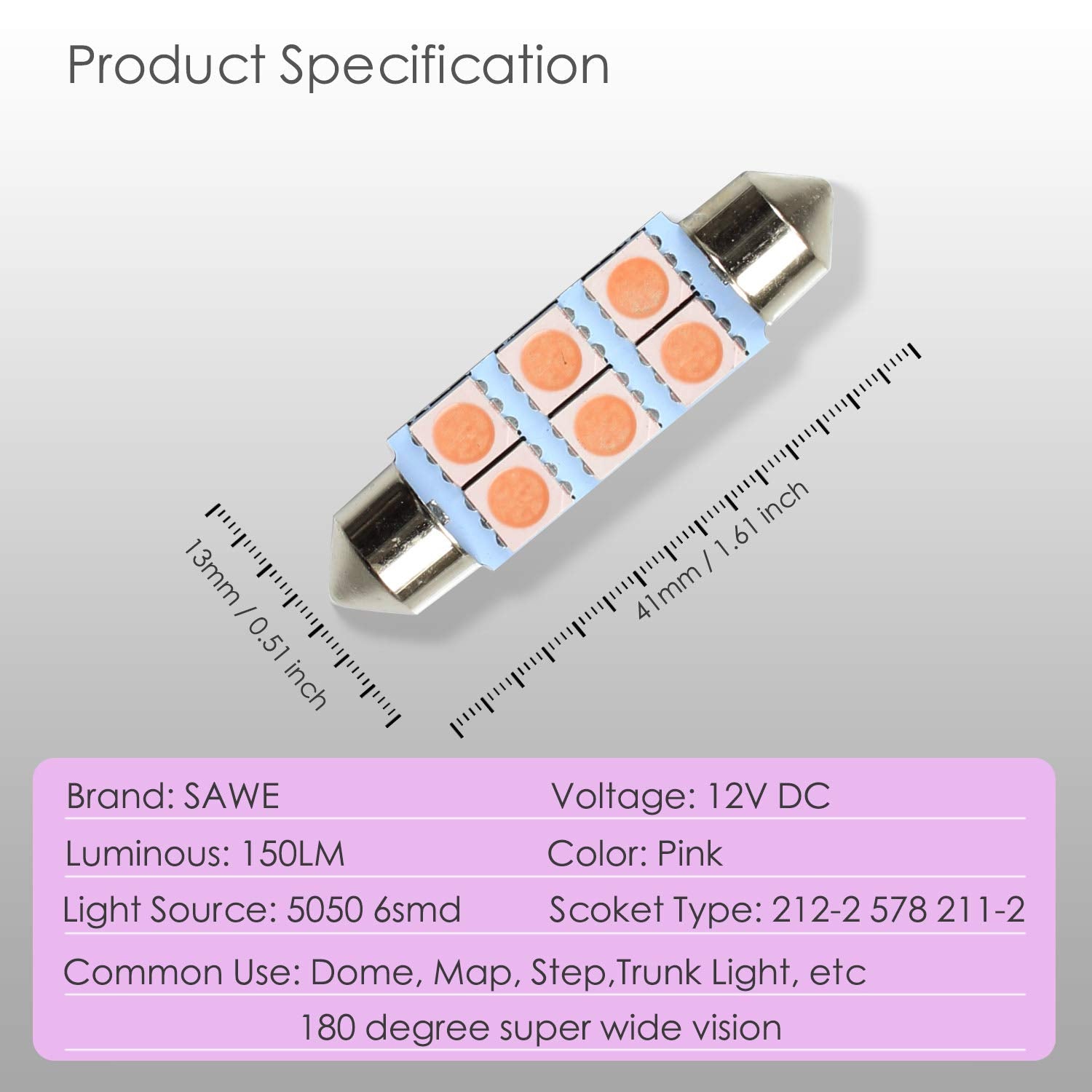 SAWE 6-SMD 5050 Festoon LED Bulbs, 42mm, 211-2, Pack of 8, Pink/Purple