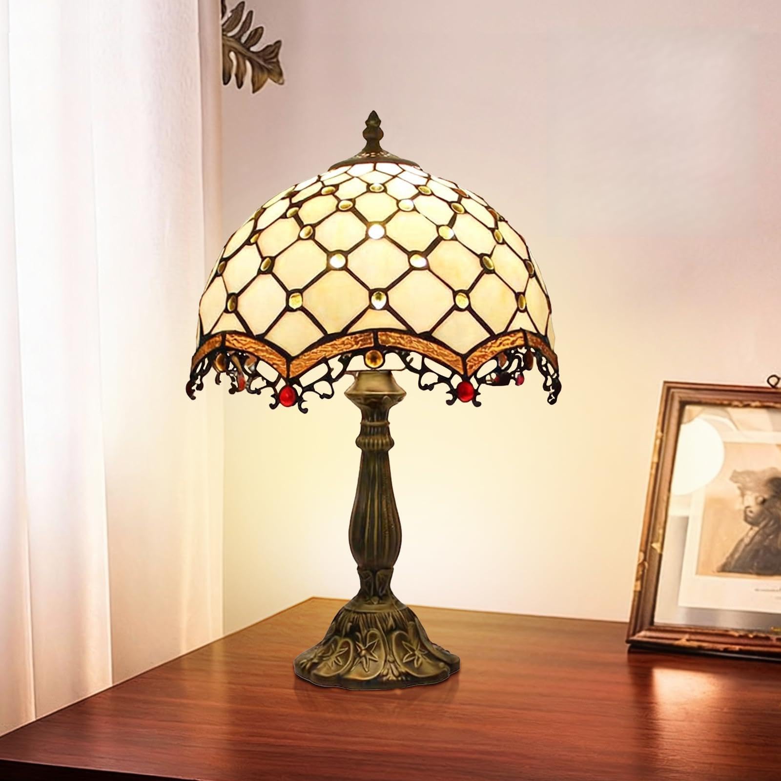 Plynvexa Tiffany Lamp Cream Amber Stained Glass Bead Table Lamp Desk Bedside Reading Light 12X12X18 Inches Deco Bedroom Living Room Home Office