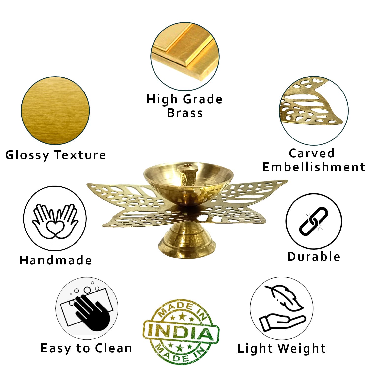 Lamina Decorative Brass Diya for Puja (Set of 1 Small 3.5inch Golden Star Leaf) Center Wick Holder Pital Akhand Deep Vilakku for