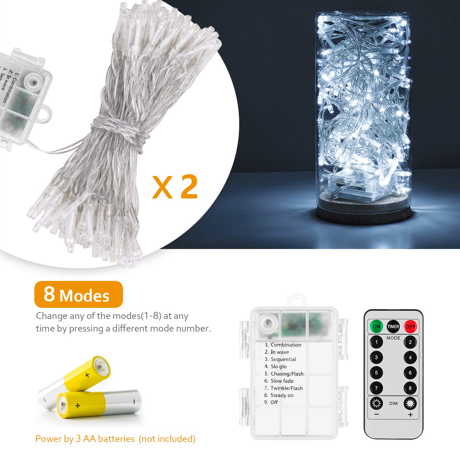 Koxly 2 Pack 36Ft 100 Led Battery Operated String Lights With Remote Timer Waterproof 8 Modes String Lights For Bedroom, Garden,