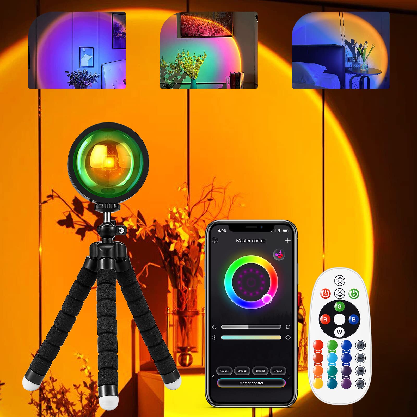 HUGOMOVA Sunset Lamp Projector, Multiple Colors Sunset Lamp with APP & Remote Control,360 Degree Rotation LED Sunset Projection 