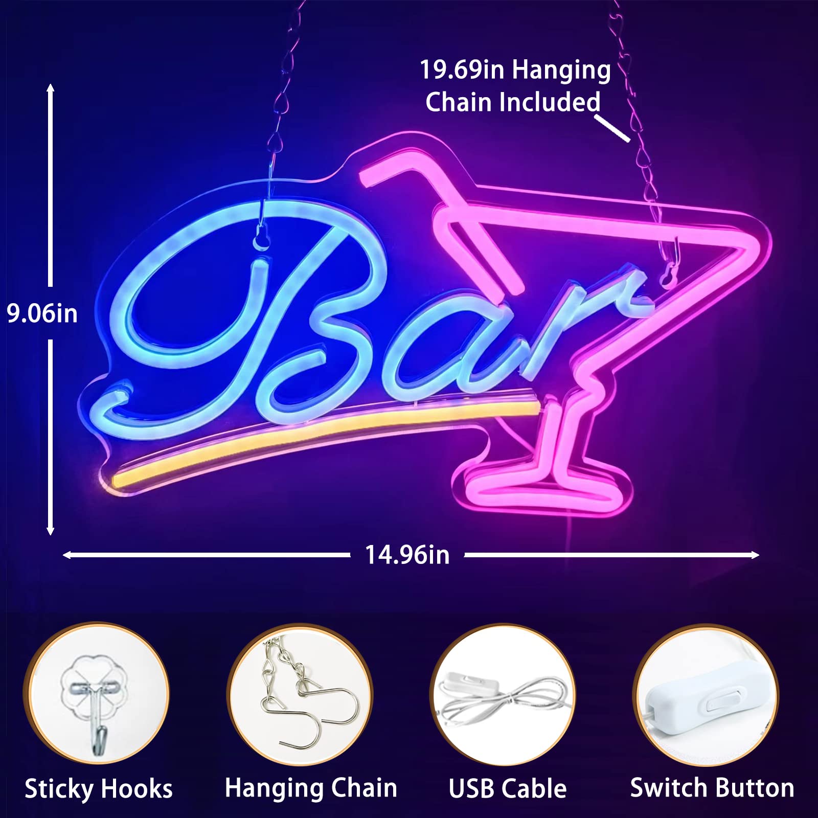 Pedaiah Bar Neon Sign - Acrylic LED Sign with Hanging Chain, USB Powered, 14.96x9.06 inches, Warm White Blue and Red