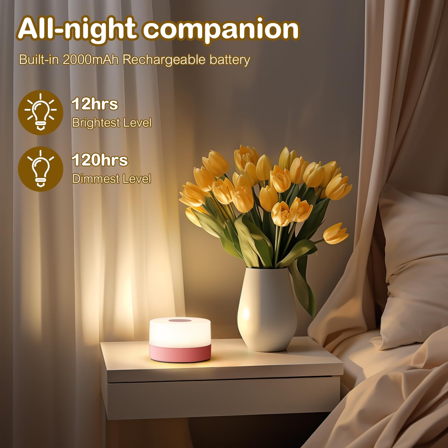 JUSHENG Night Light, Rechargeable LED Touch Lamp, Stepless Dimming, Portable, Pink, Model CG0025PK