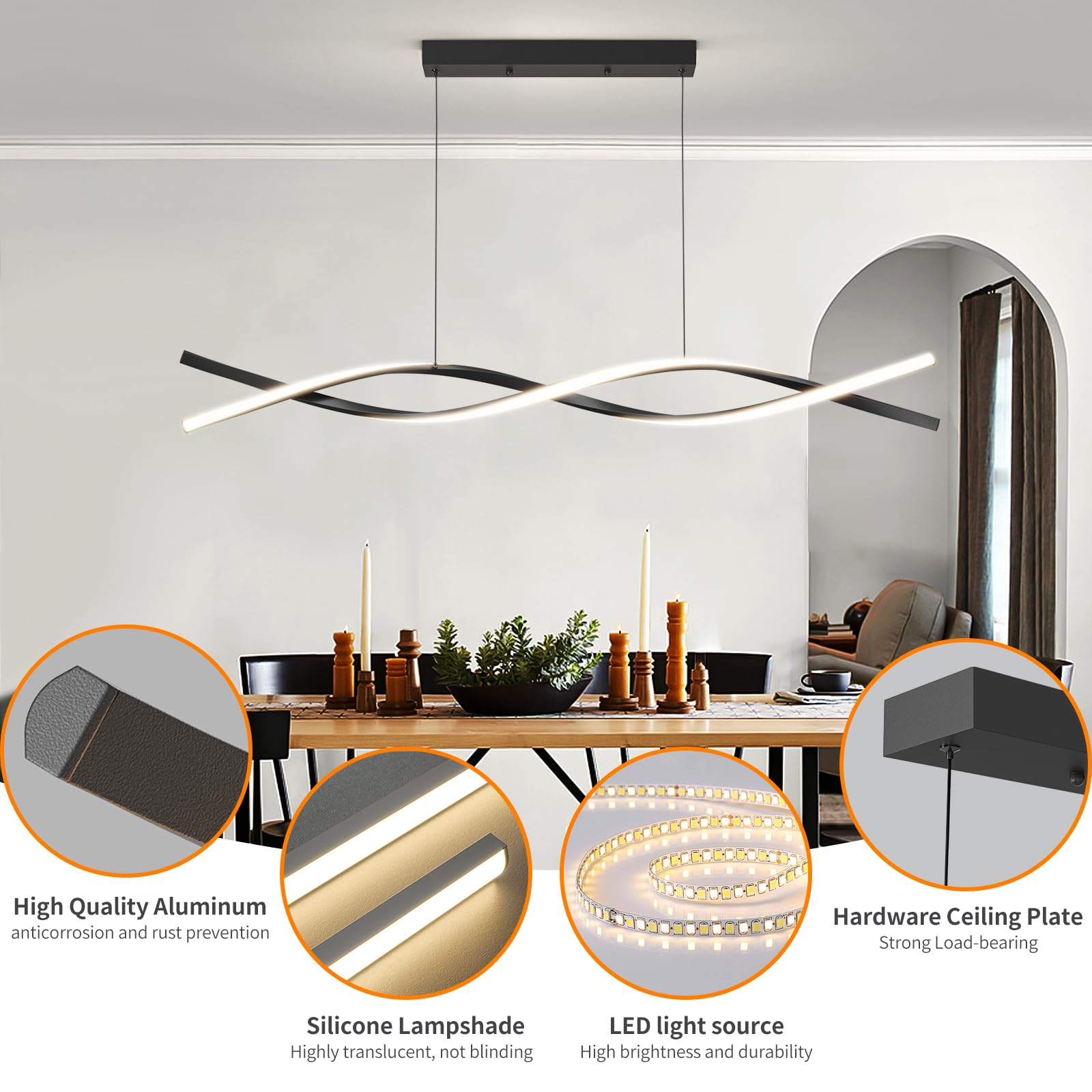 Mikeru Modern LED Pendant Light, 57in Aluminum Chandelier with Remote, 3000K-6500K Adjustable Color, C-Black, Model BL57