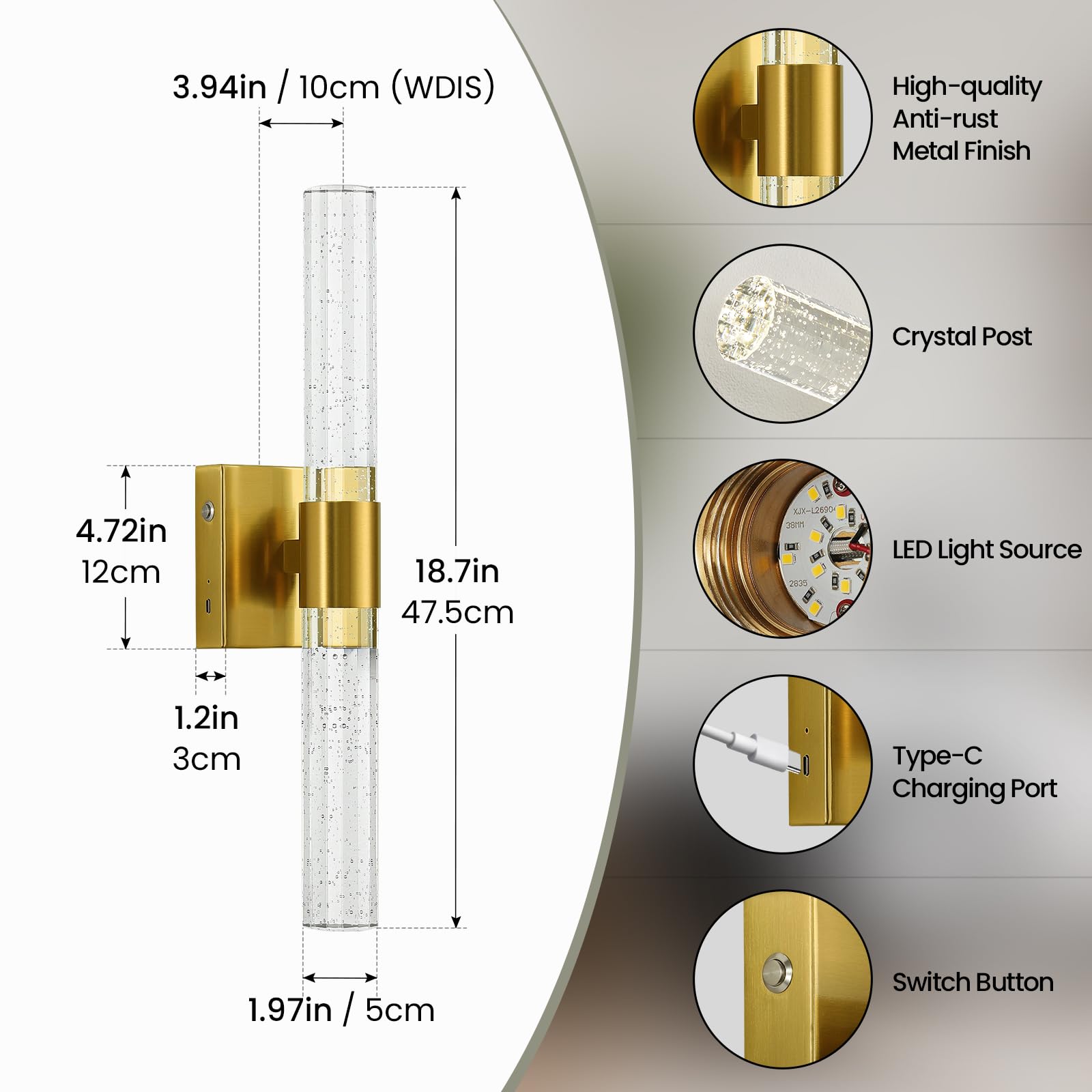 Ccycol Battery Operated Wall Sconce Set Of 2, Gold Rechargeable Wireless Wall Sconces Set Of Two With Remote Control, Modern Led